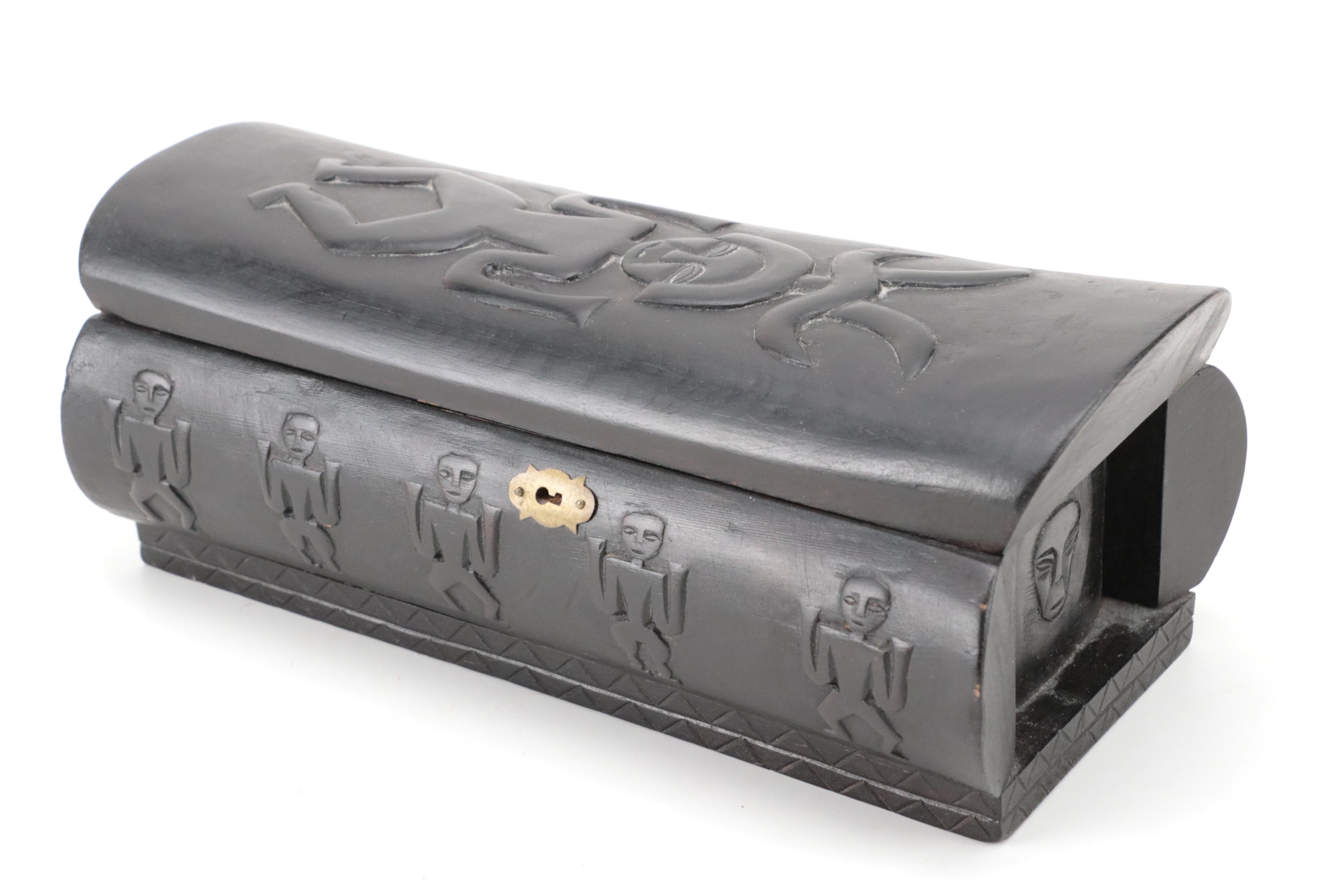 Railroad Spike & Wrought Iron Figurines, Paiwan Style Carved Ebonized Wood Box