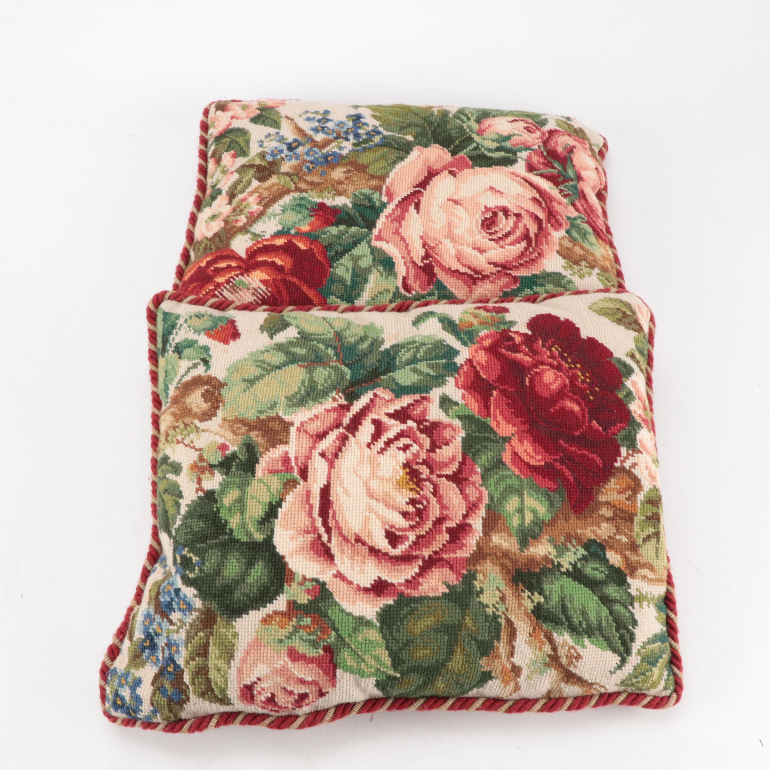 Handmade Needlepoint Pillows with Down Inserts, Decoupage & Faux Bois Waste Cans