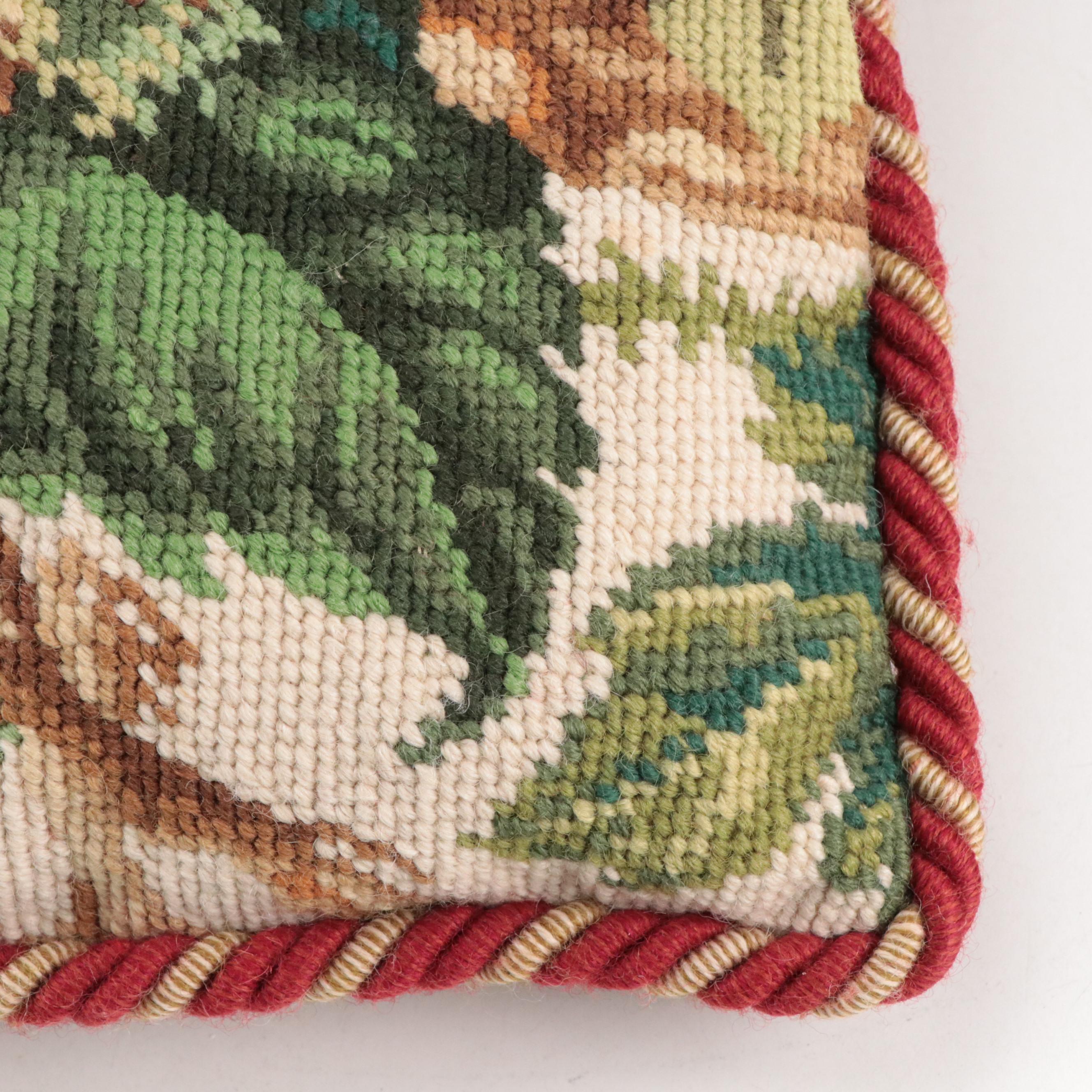 Handmade Needlepoint Pillows with Down Inserts, Decoupage & Faux Bois Waste Cans