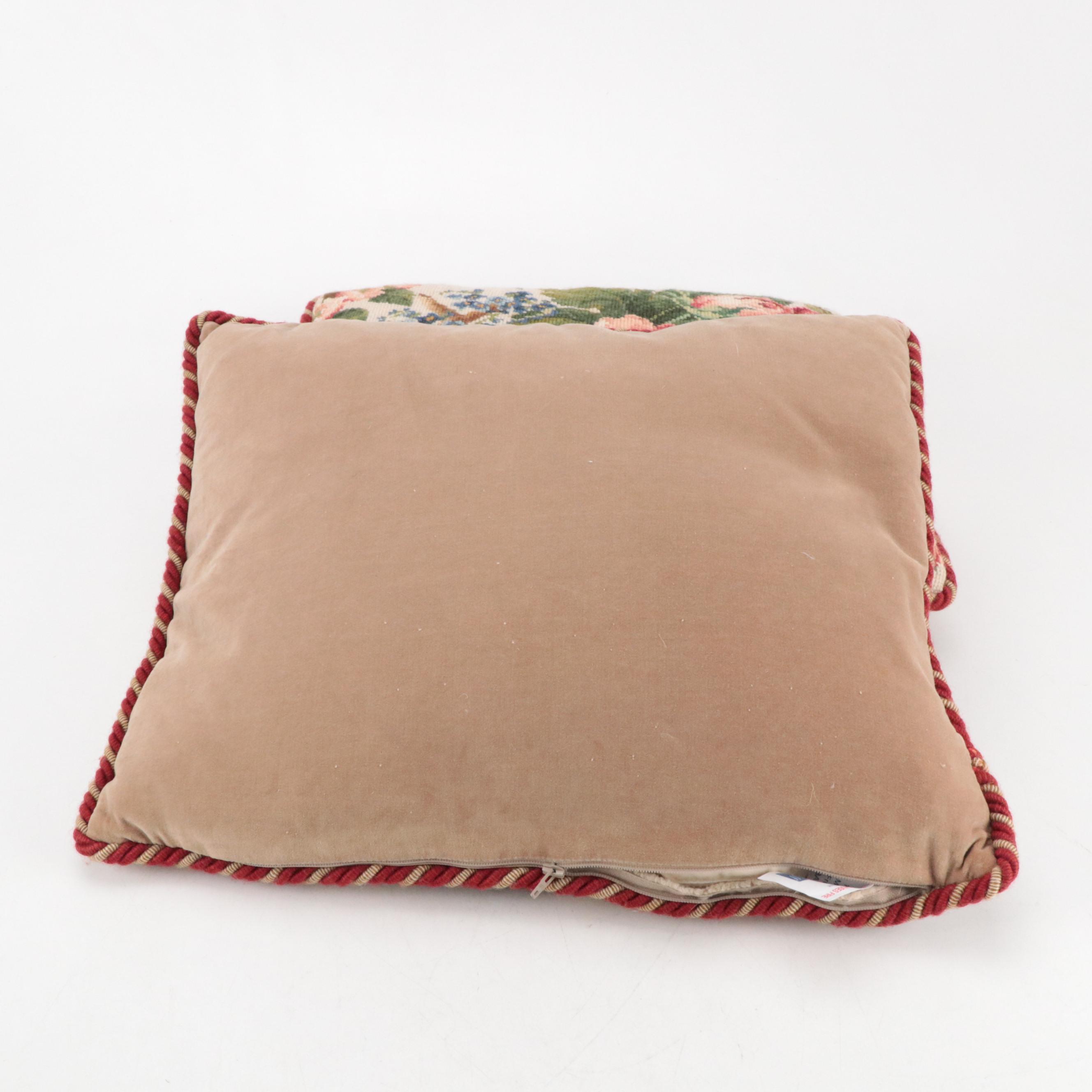 Handmade Needlepoint Pillows with Down Inserts, Decoupage & Faux Bois Waste Cans