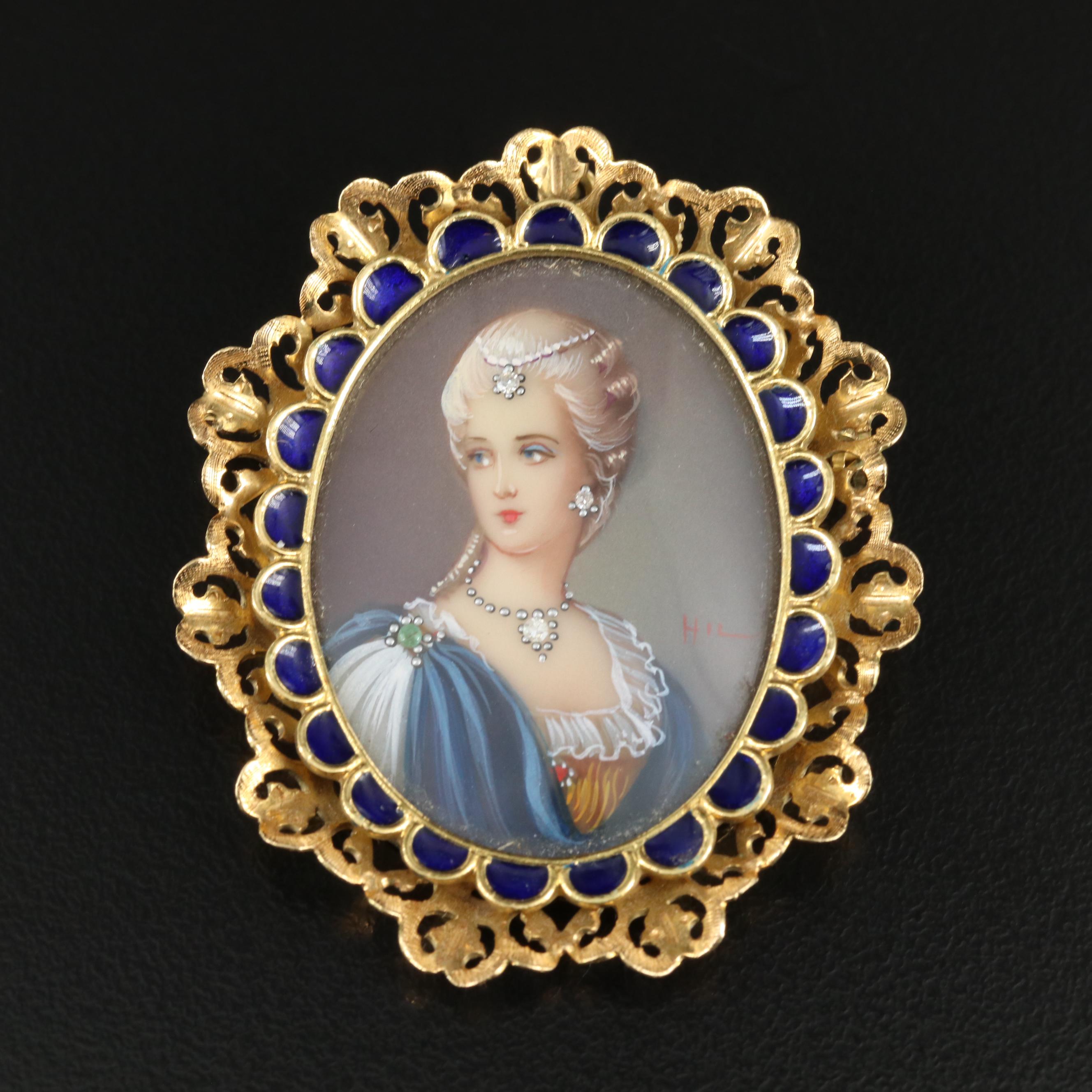 18K Portrait Miniature Converter Brooch with Diamond, Emerald and Enamel Accents