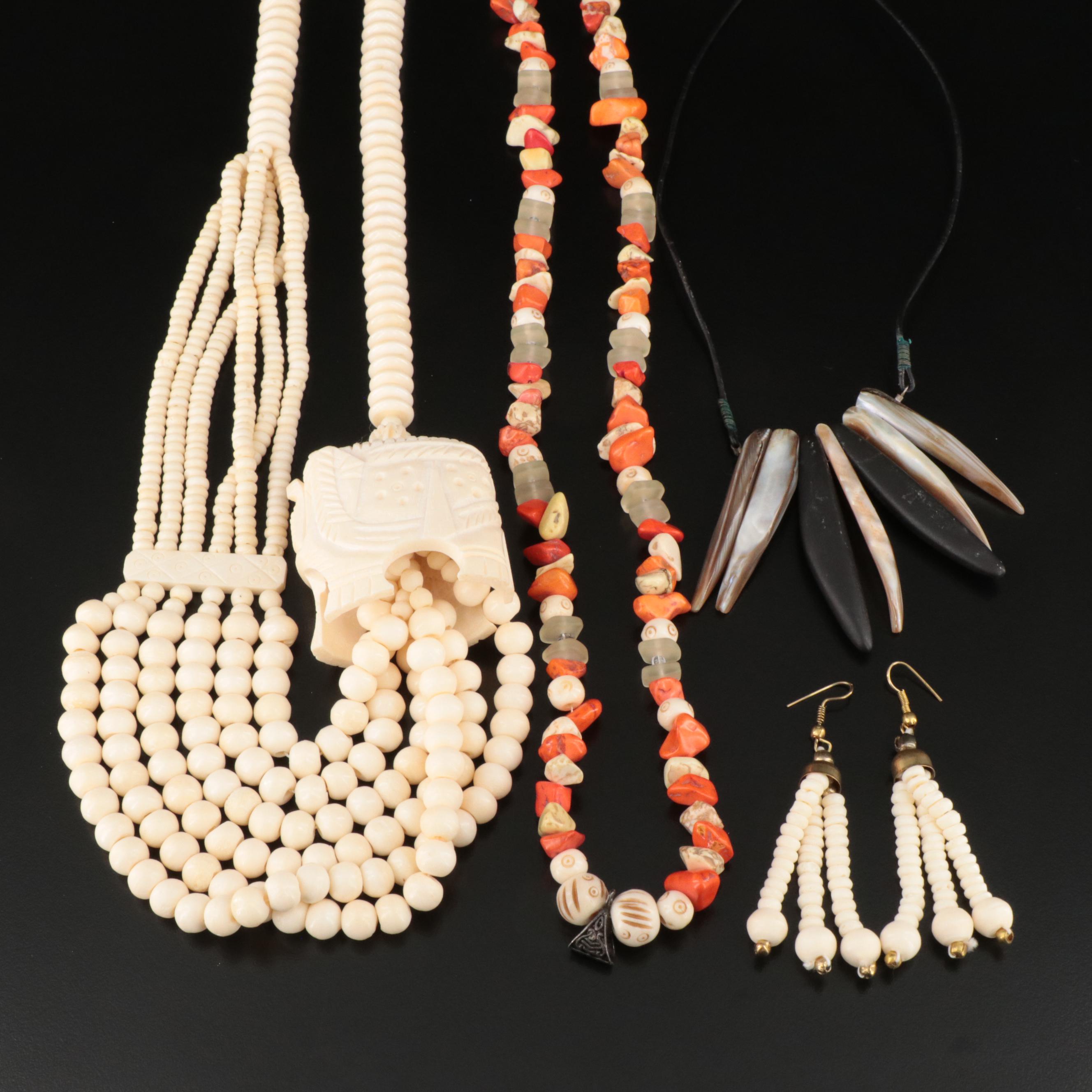 Necklaces and Earrings Featuring Bone and Mother-of-Pearl