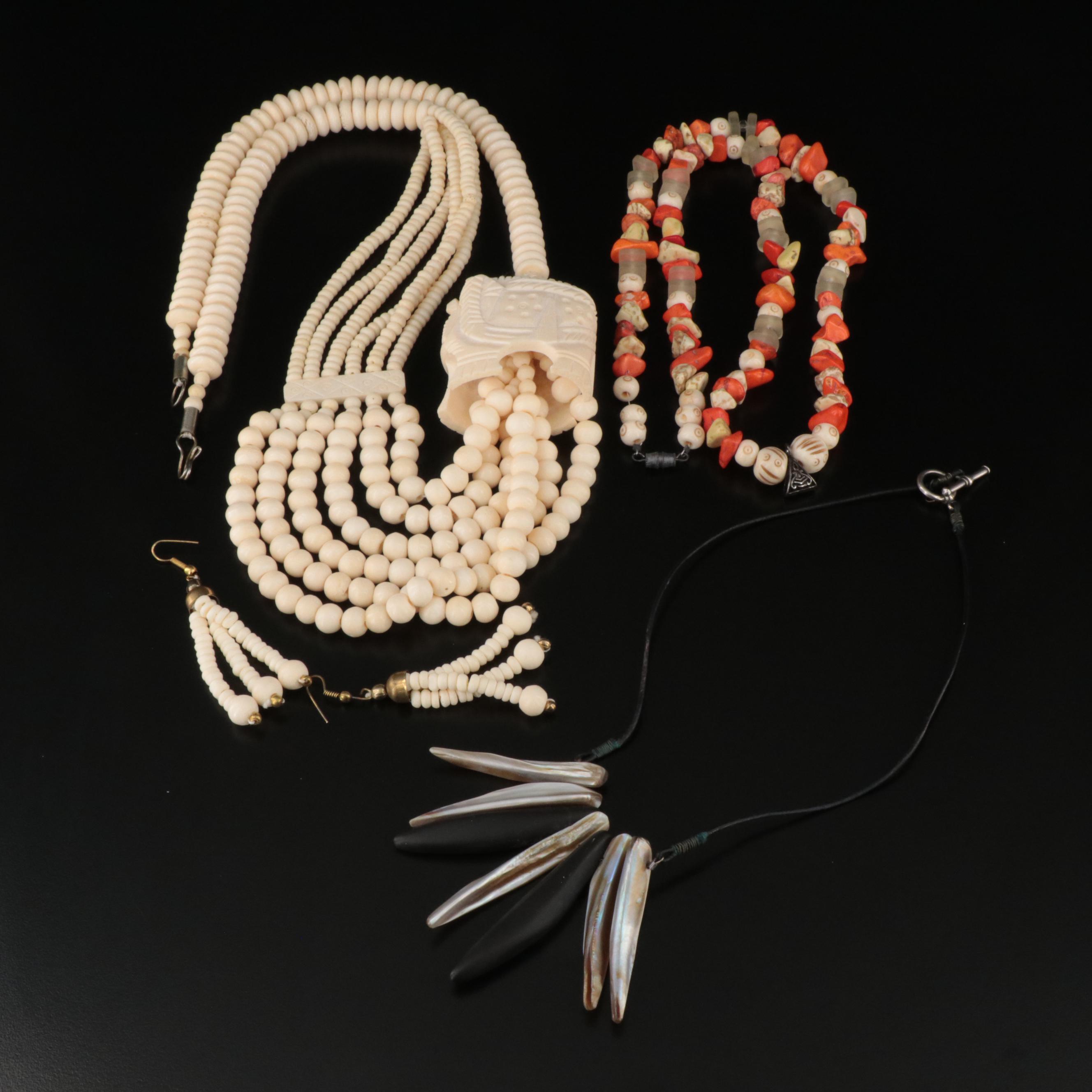 Necklaces and Earrings Featuring Bone and Mother-of-Pearl