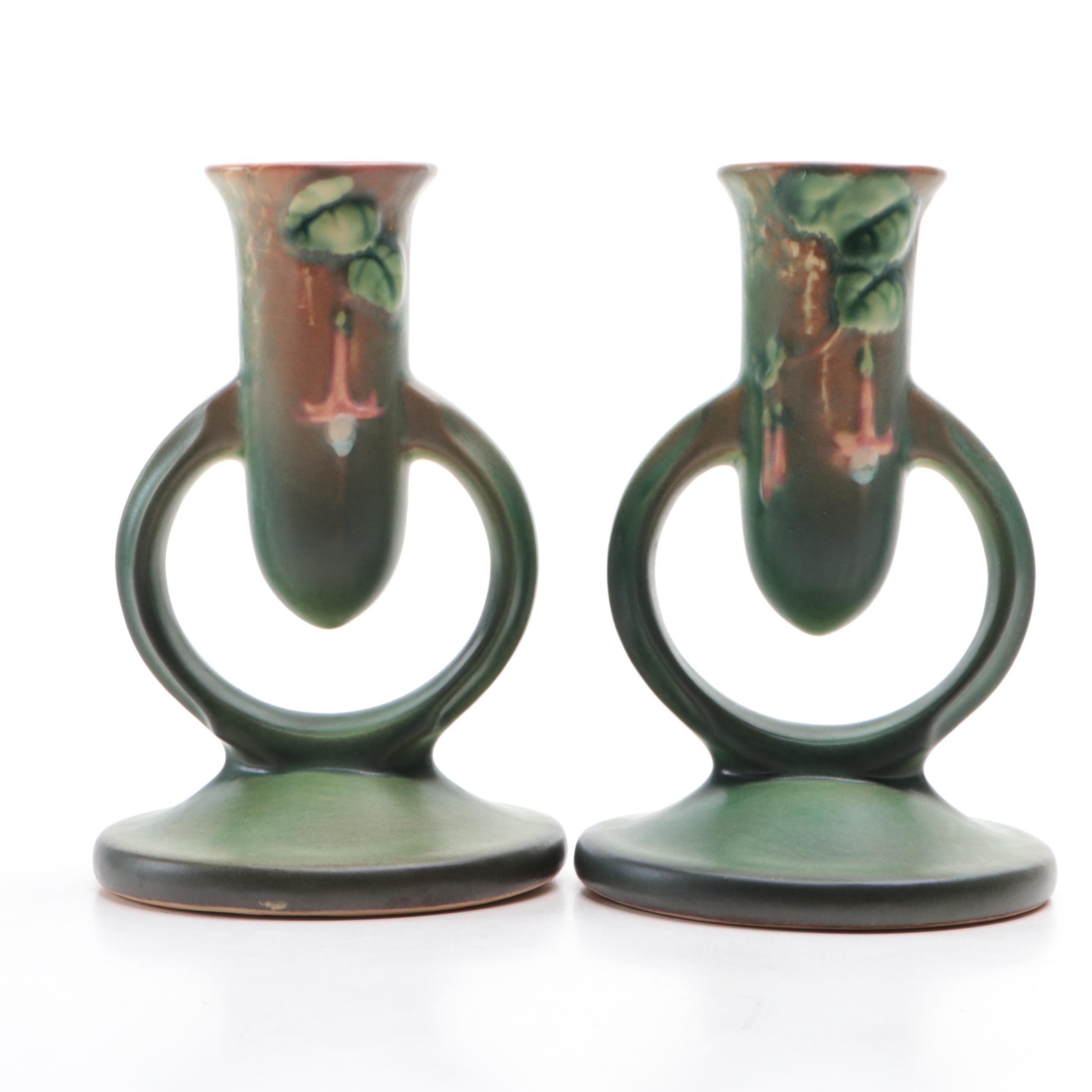 Roseville Pottery "Fuchsia" Ceramic Vases and Candlesticks, Mid-20th Century