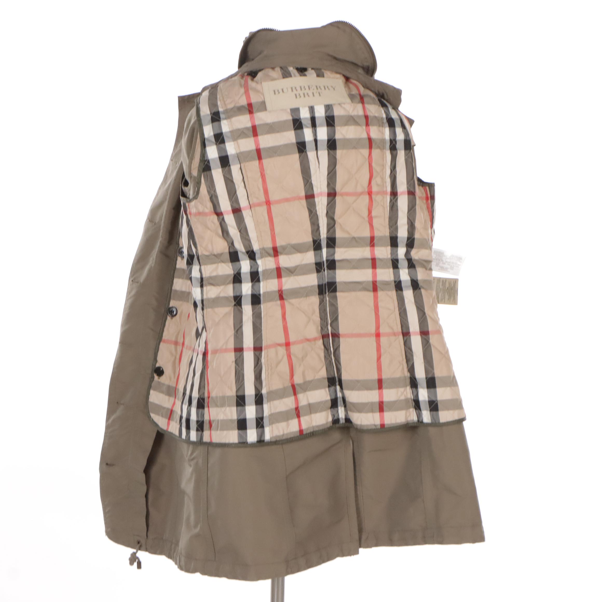 Burberry Brit Khaki Green Nylon Mid-Length Utility Jacket