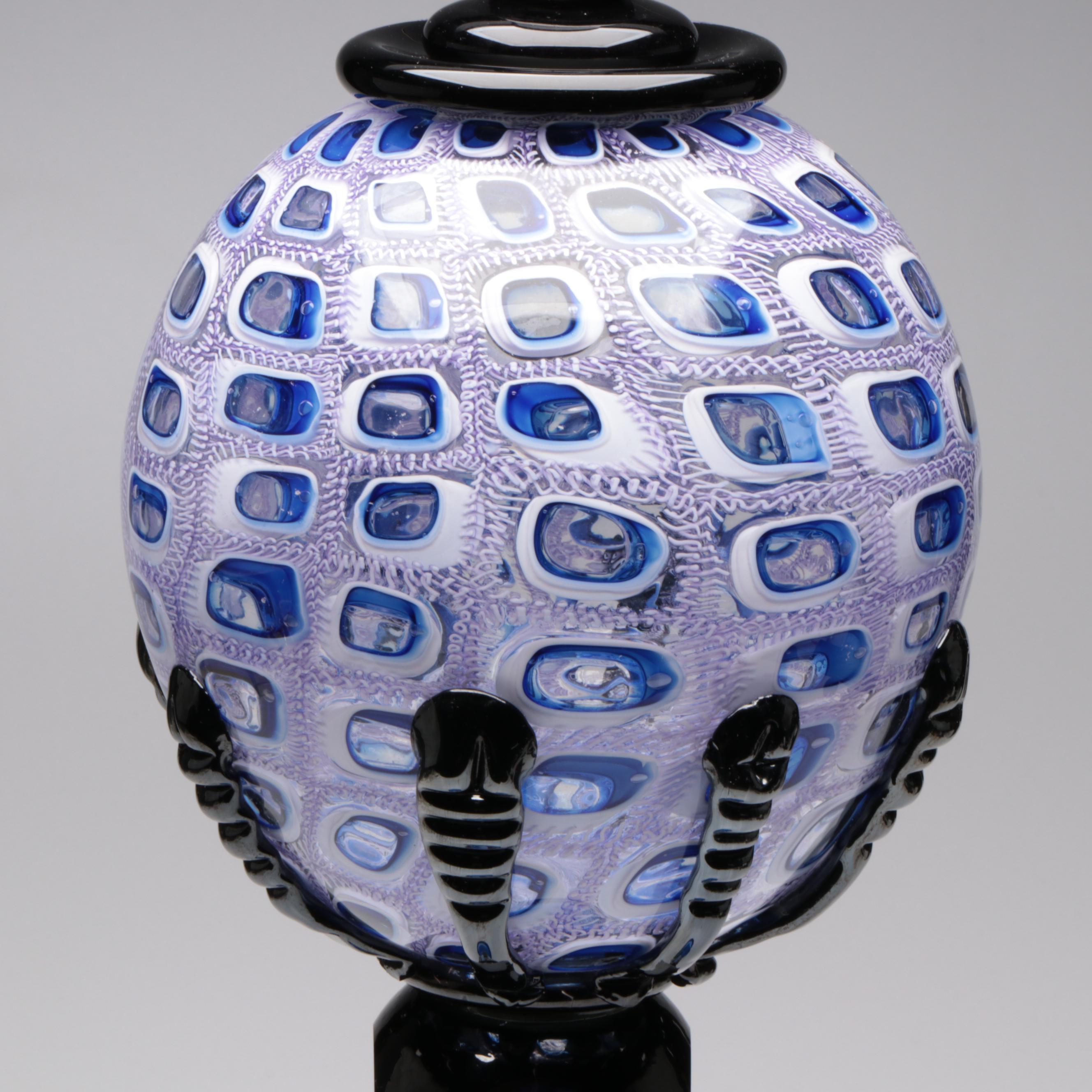 Wes Hunting Handblown with Murrine and Rigaree Lidded Studio Art Glass Vessel