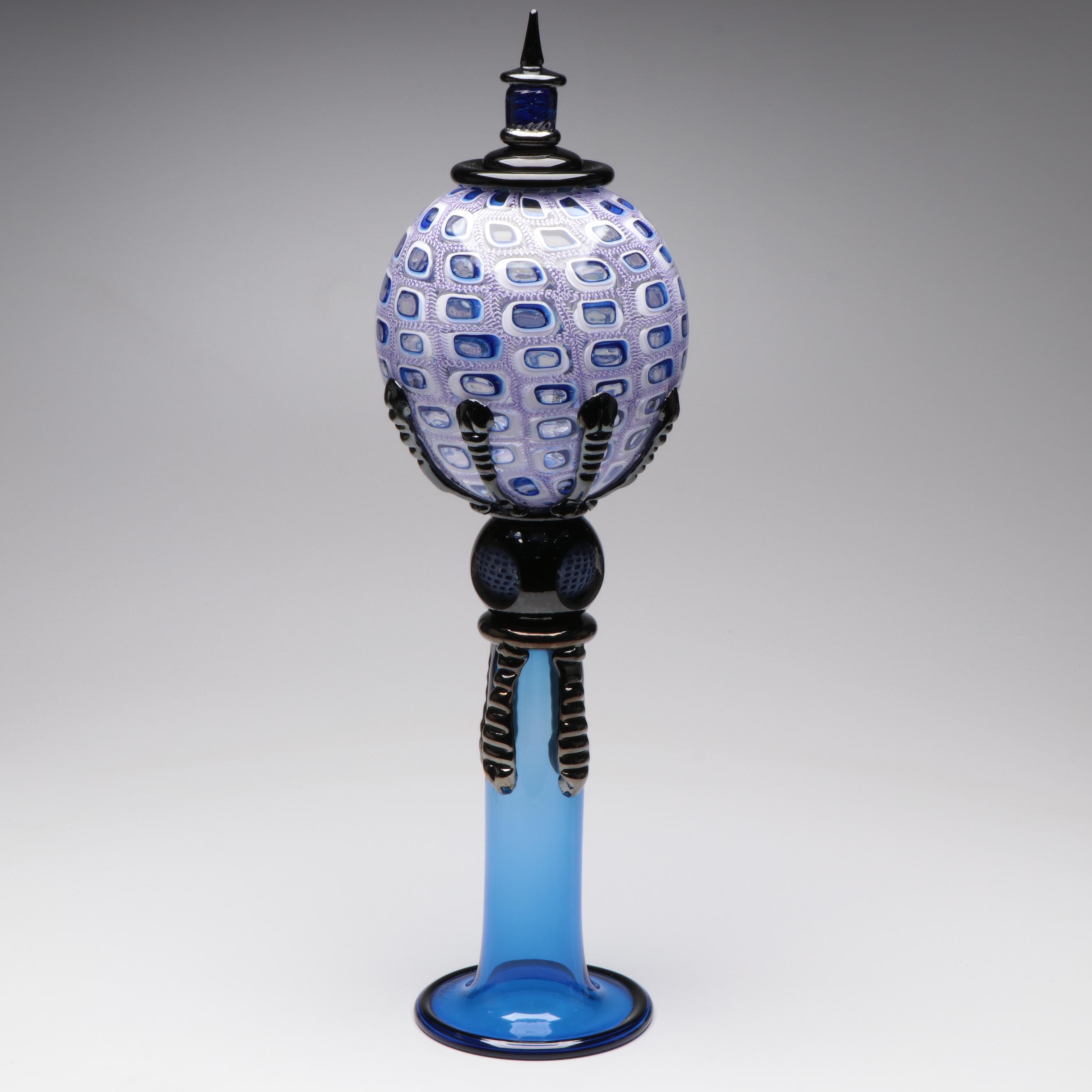 Wes Hunting Handblown with Murrine and Rigaree Lidded Studio Art Glass Vessel