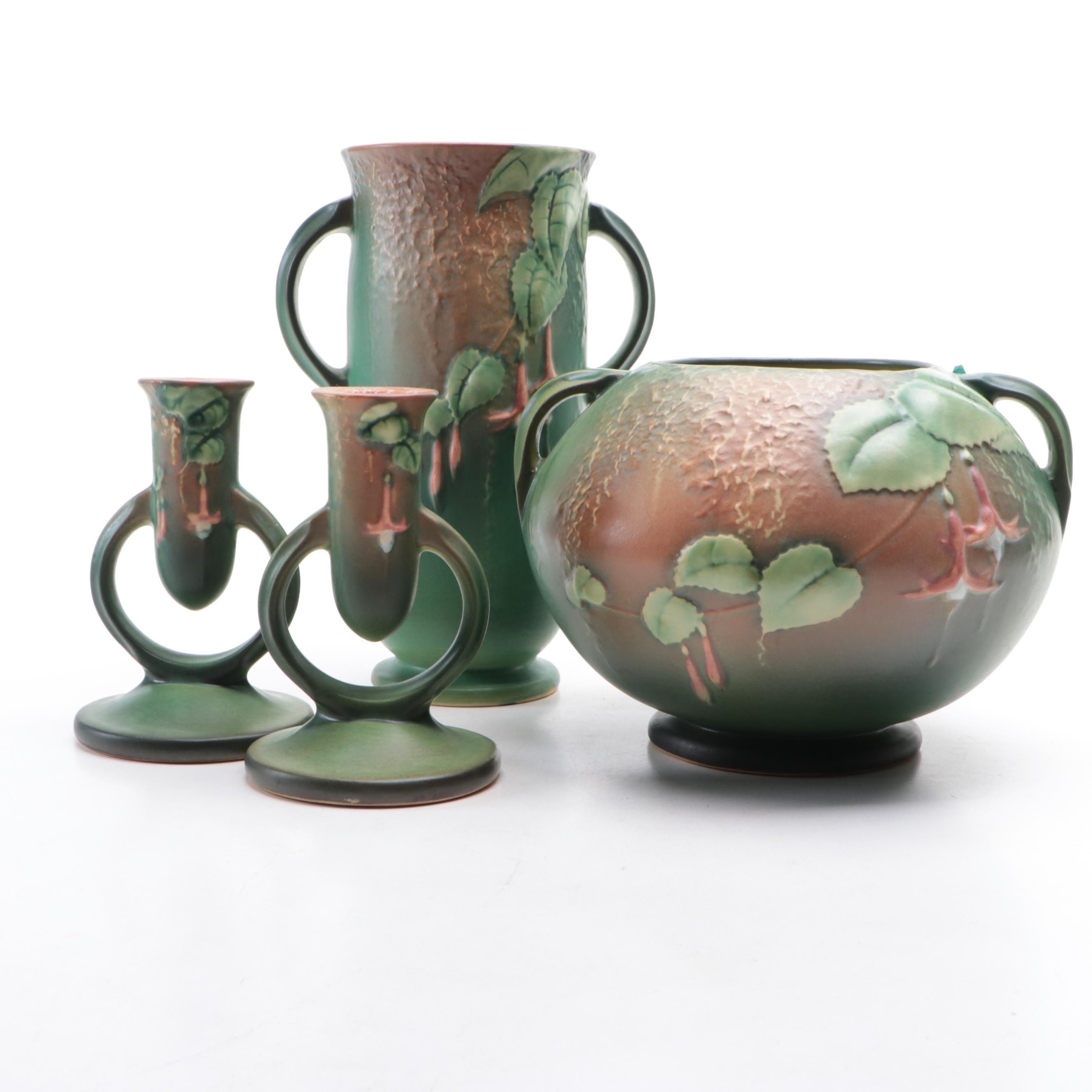 Roseville Pottery "Fuchsia" Ceramic Vases and Candlesticks, Mid-20th Century