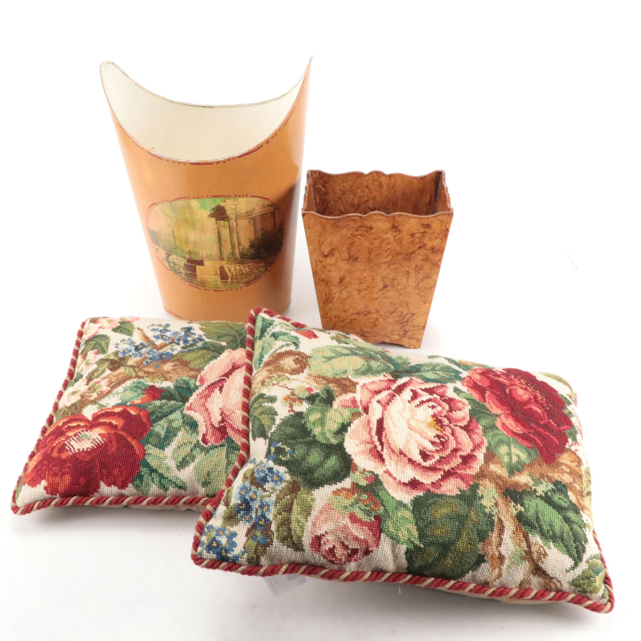Handmade Needlepoint Pillows with Down Inserts, Decoupage & Faux Bois Waste Cans