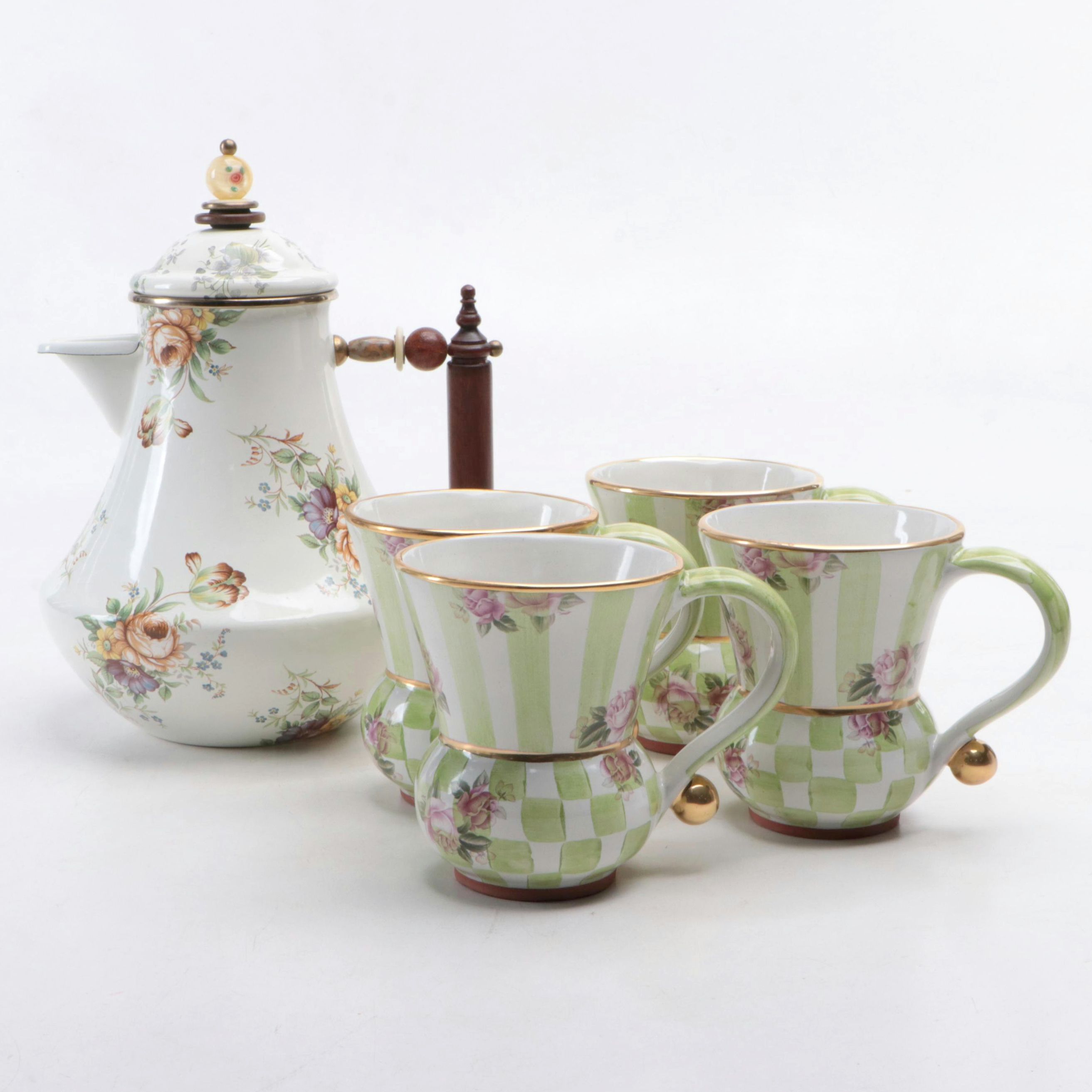 MacKenzie-Childs "Sweet Pea" Earthenware Cups and Enameled Coffee Pot