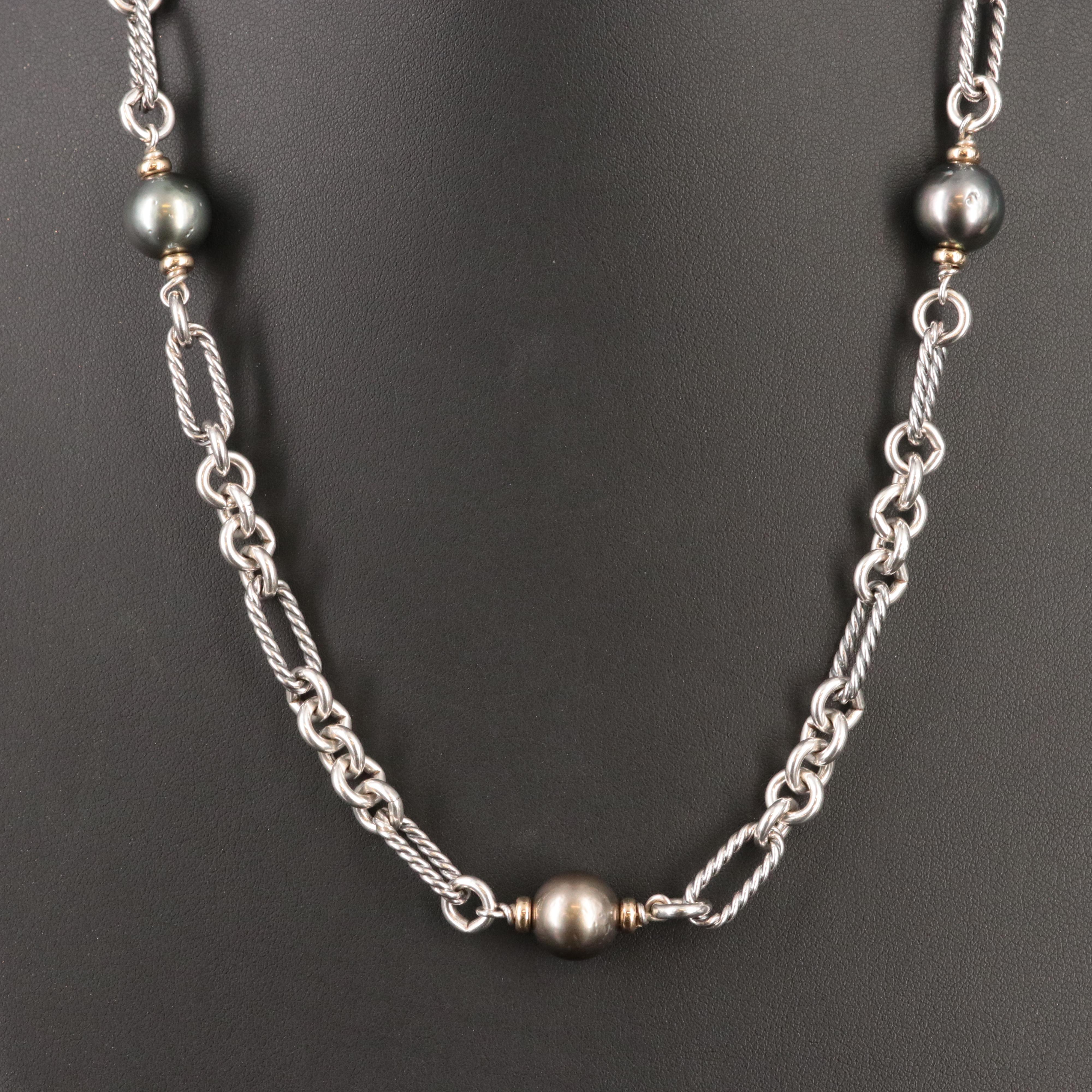 David Yurman Sterling,18K and Grey Pearl Figaro Chain Necklace