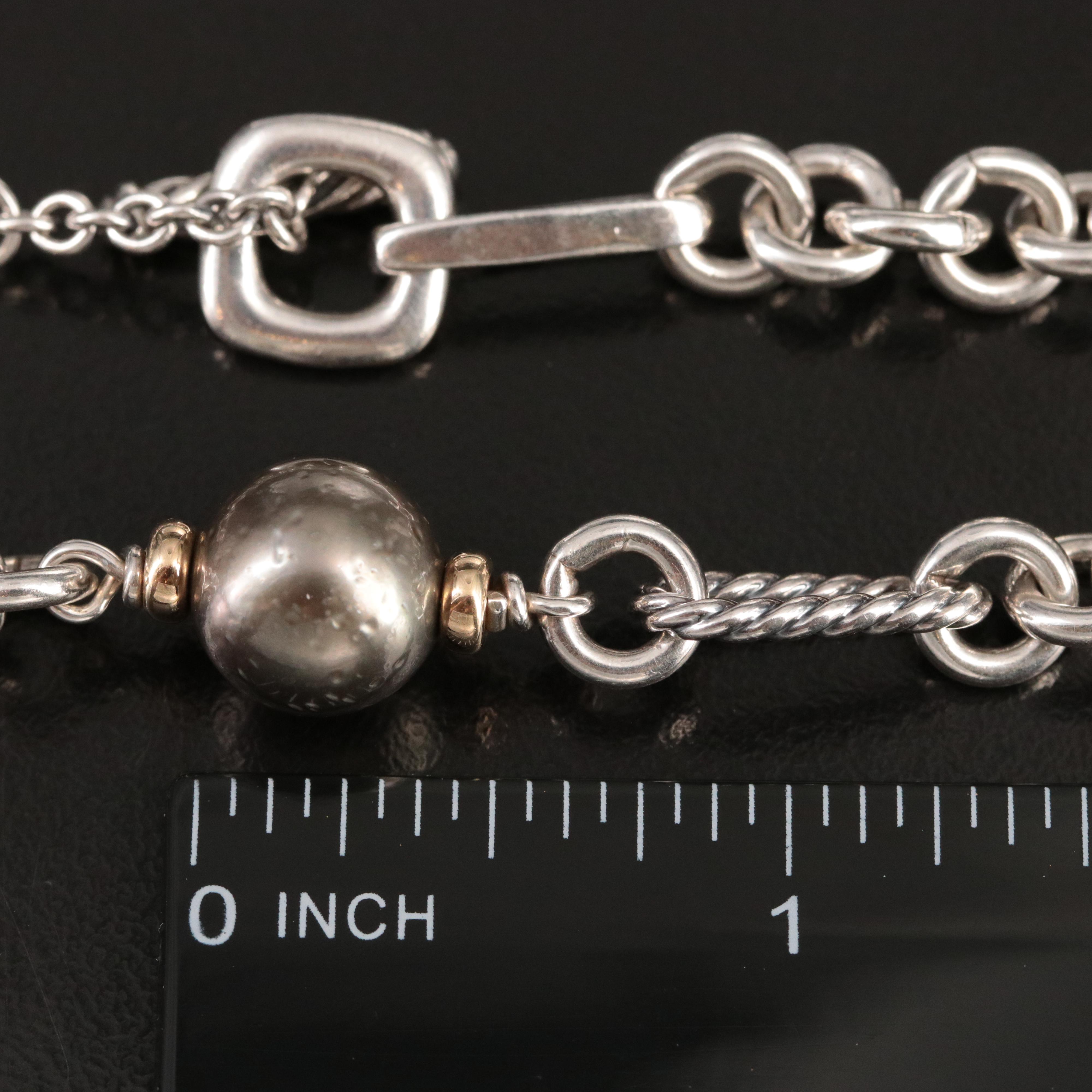 David Yurman Sterling,18K and Grey Pearl Figaro Chain Necklace