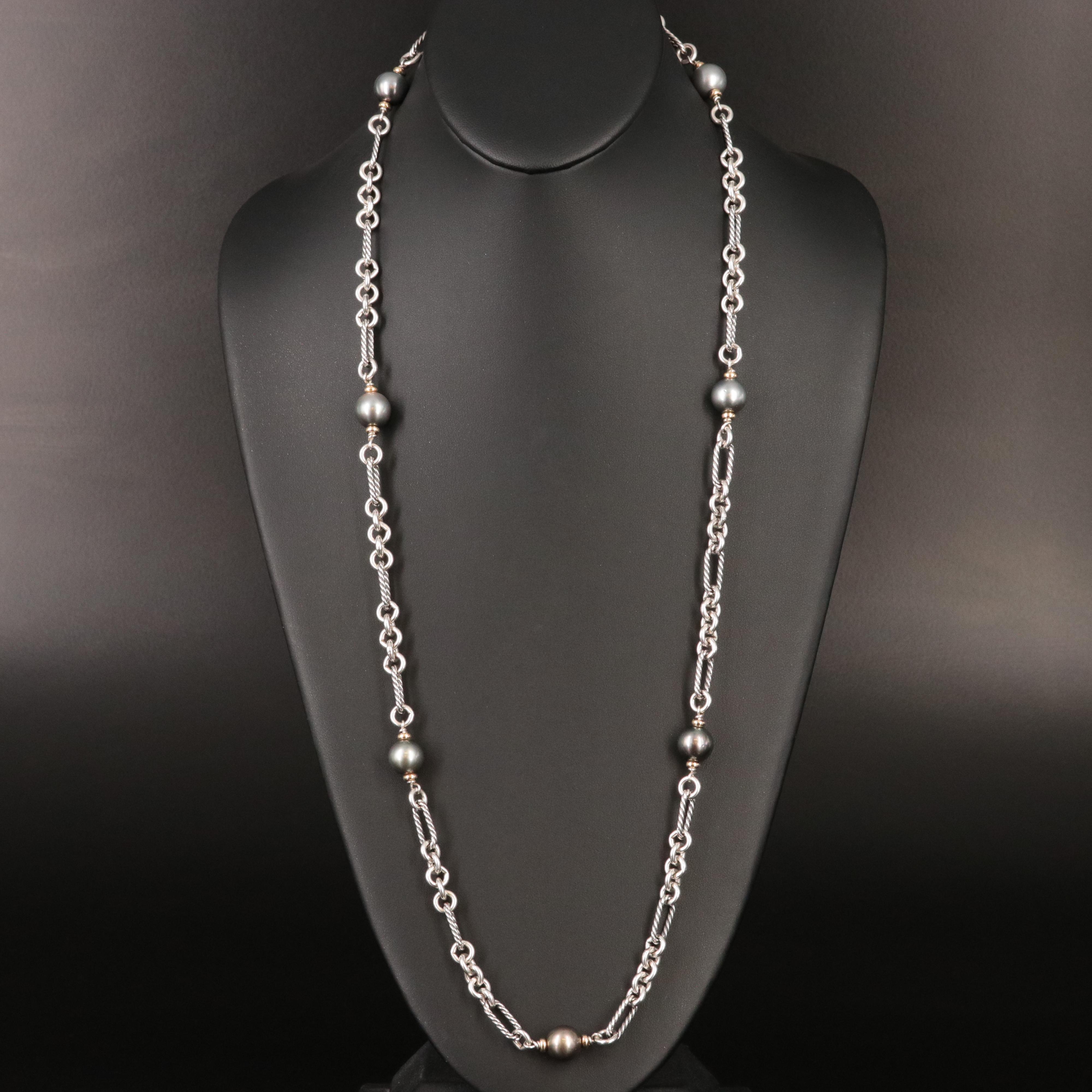 David Yurman Sterling,18K and Grey Pearl Figaro Chain Necklace