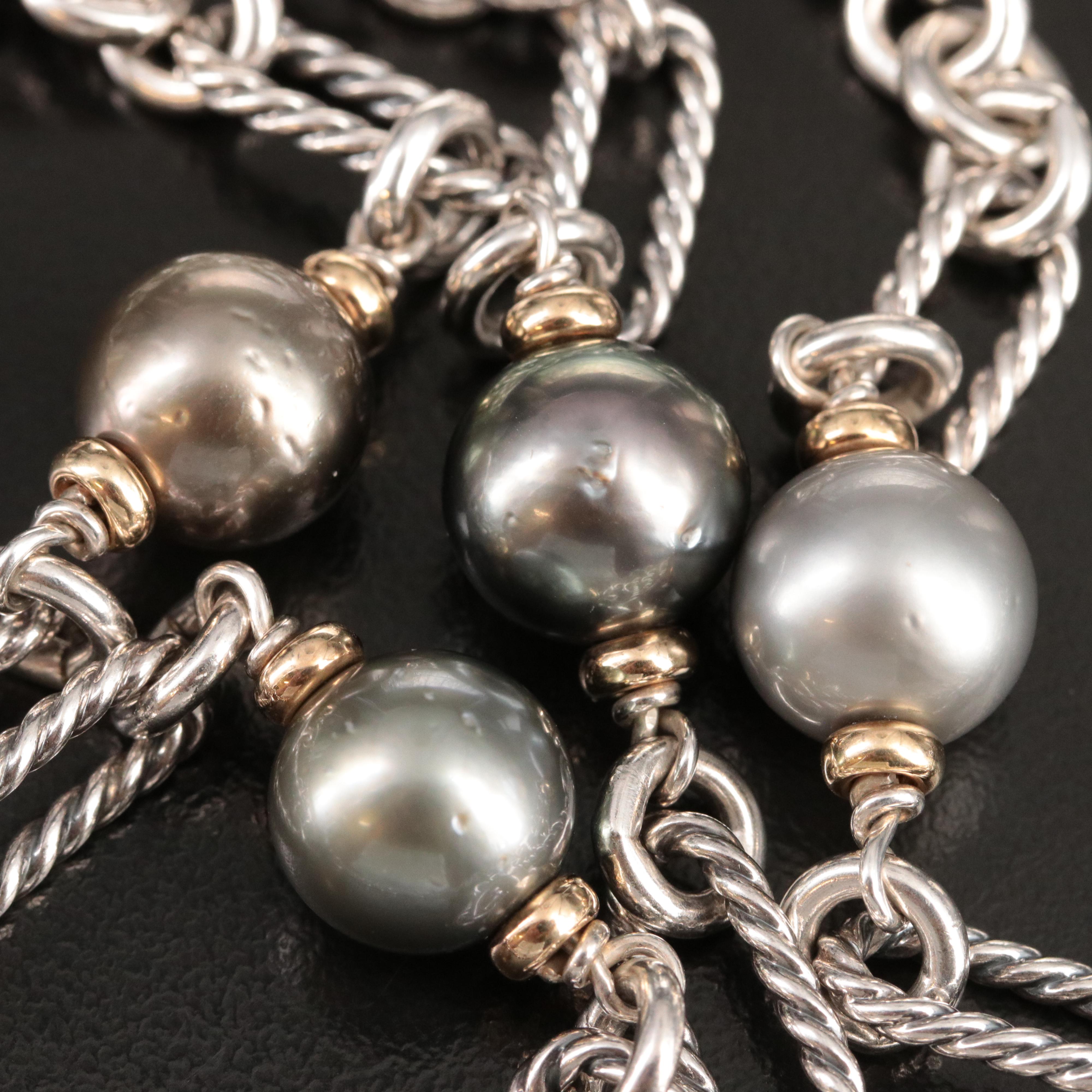 David Yurman Sterling,18K and Grey Pearl Figaro Chain Necklace