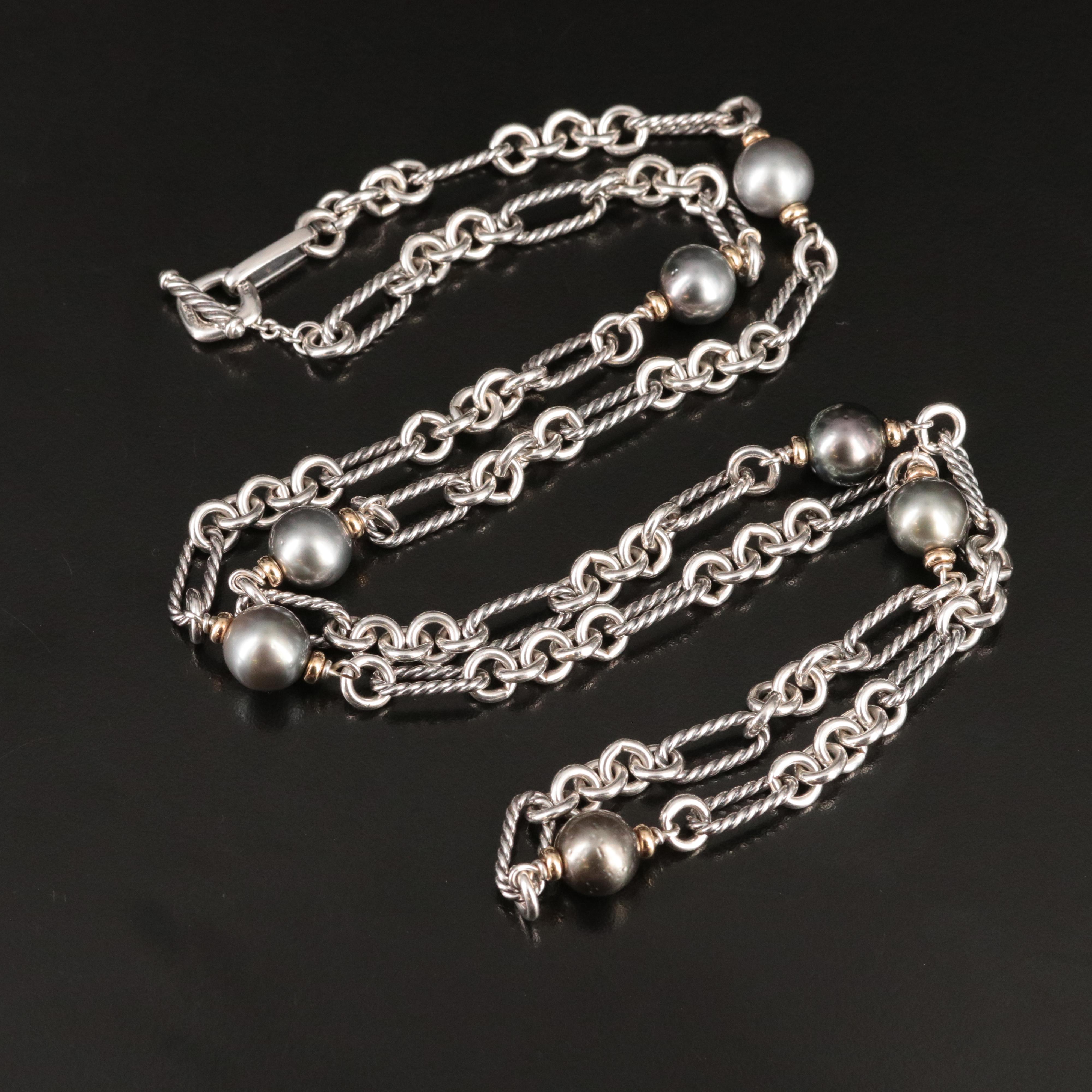 David Yurman Sterling,18K and Grey Pearl Figaro Chain Necklace