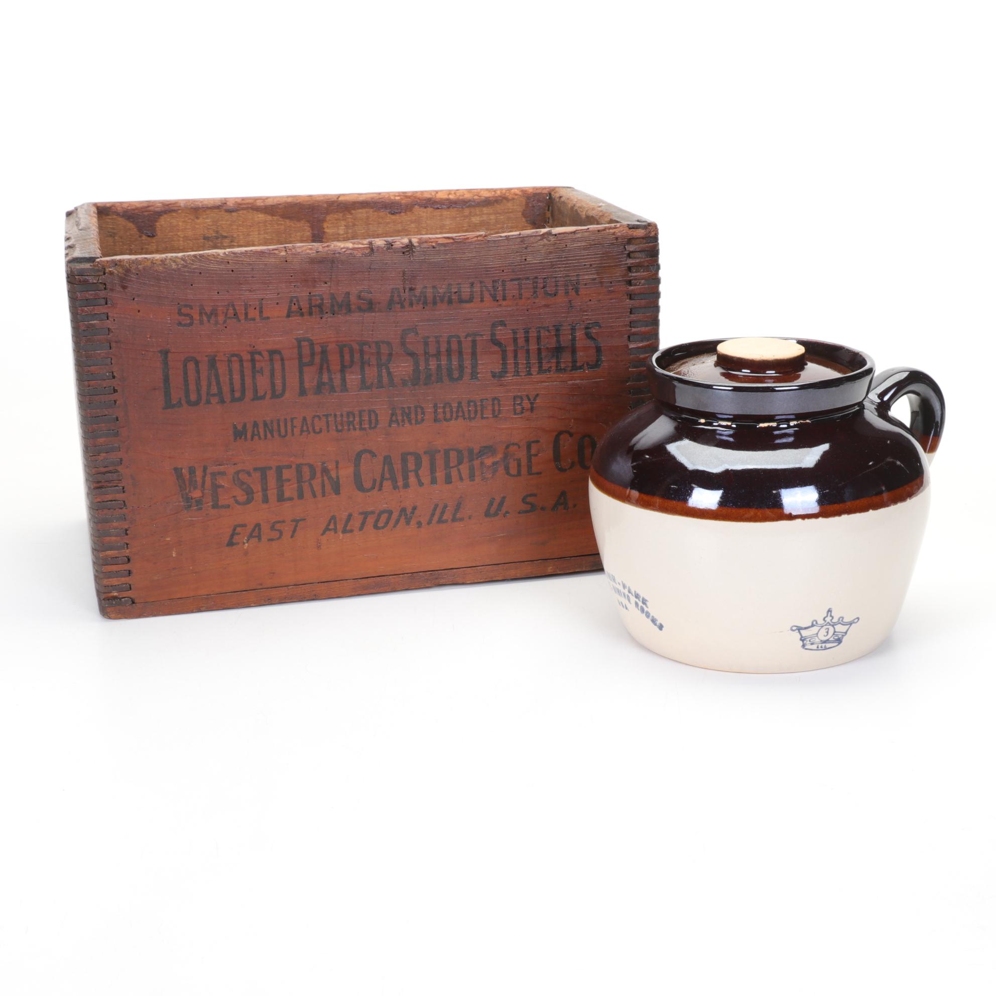 Durgin Park Market Bean Pot Crock and Western Cartridge Co. Wooden Box