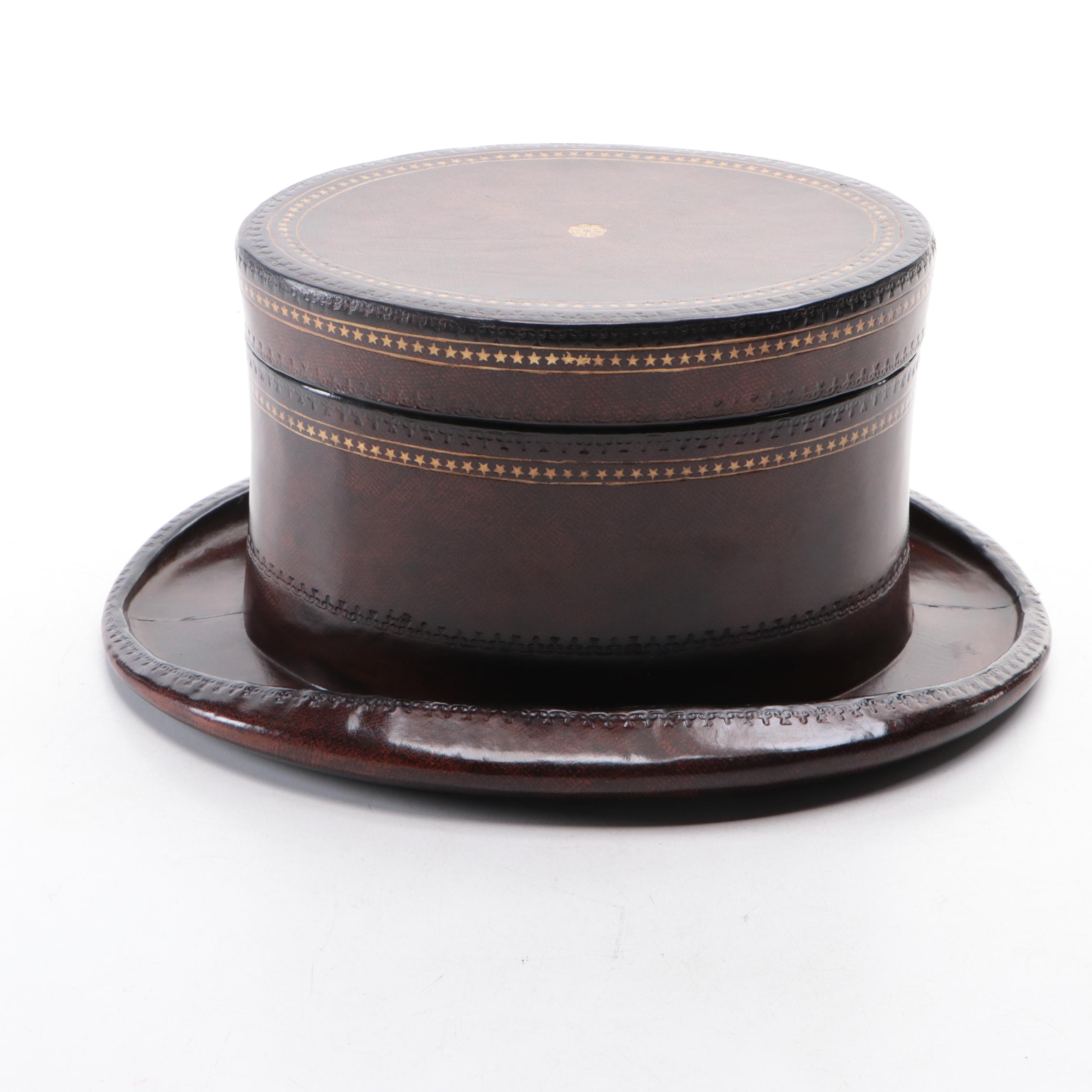 Maitland-Smith Tooled Leather-Covered Top-Hat-Shaped Box