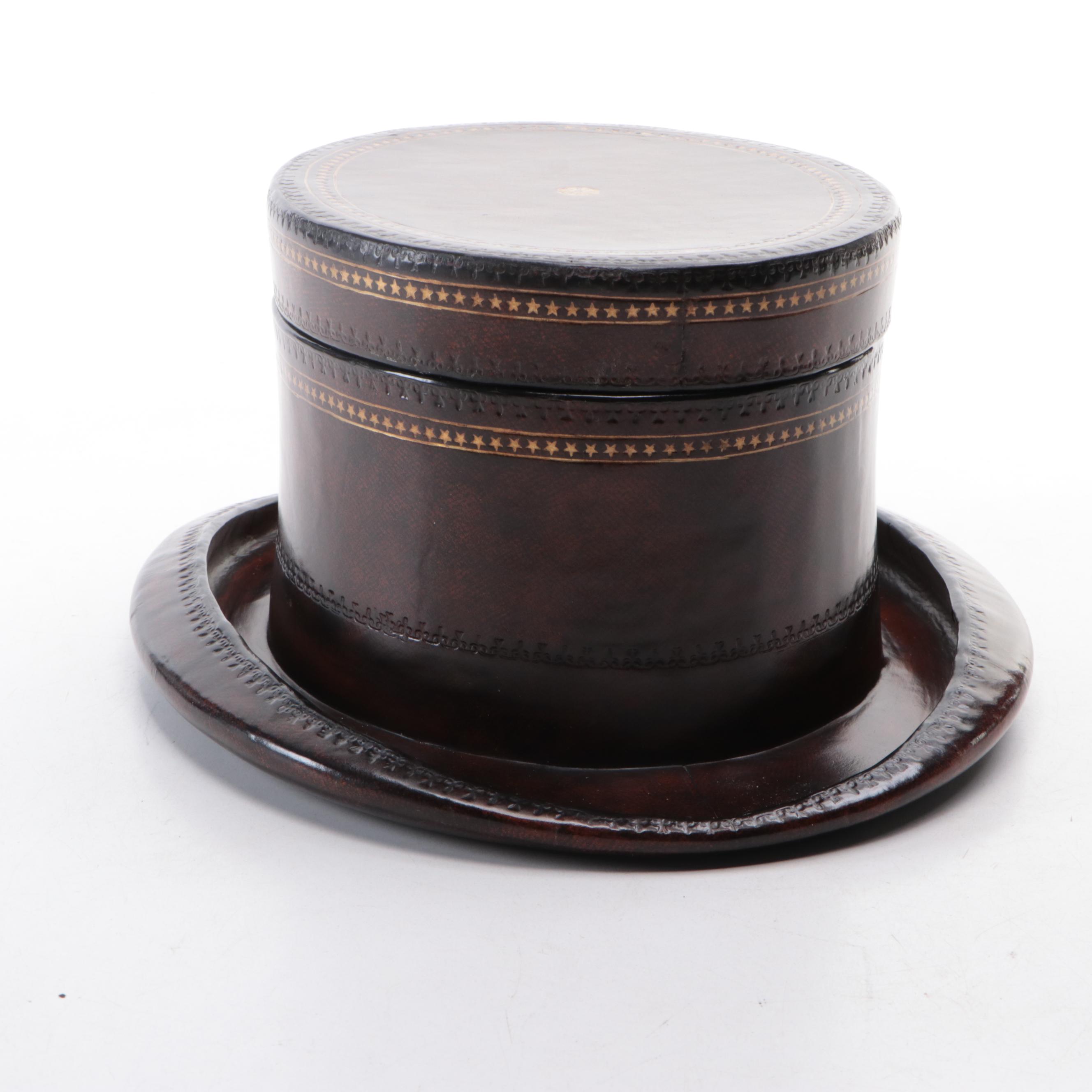 Maitland-Smith Tooled Leather-Covered Top-Hat-Shaped Box