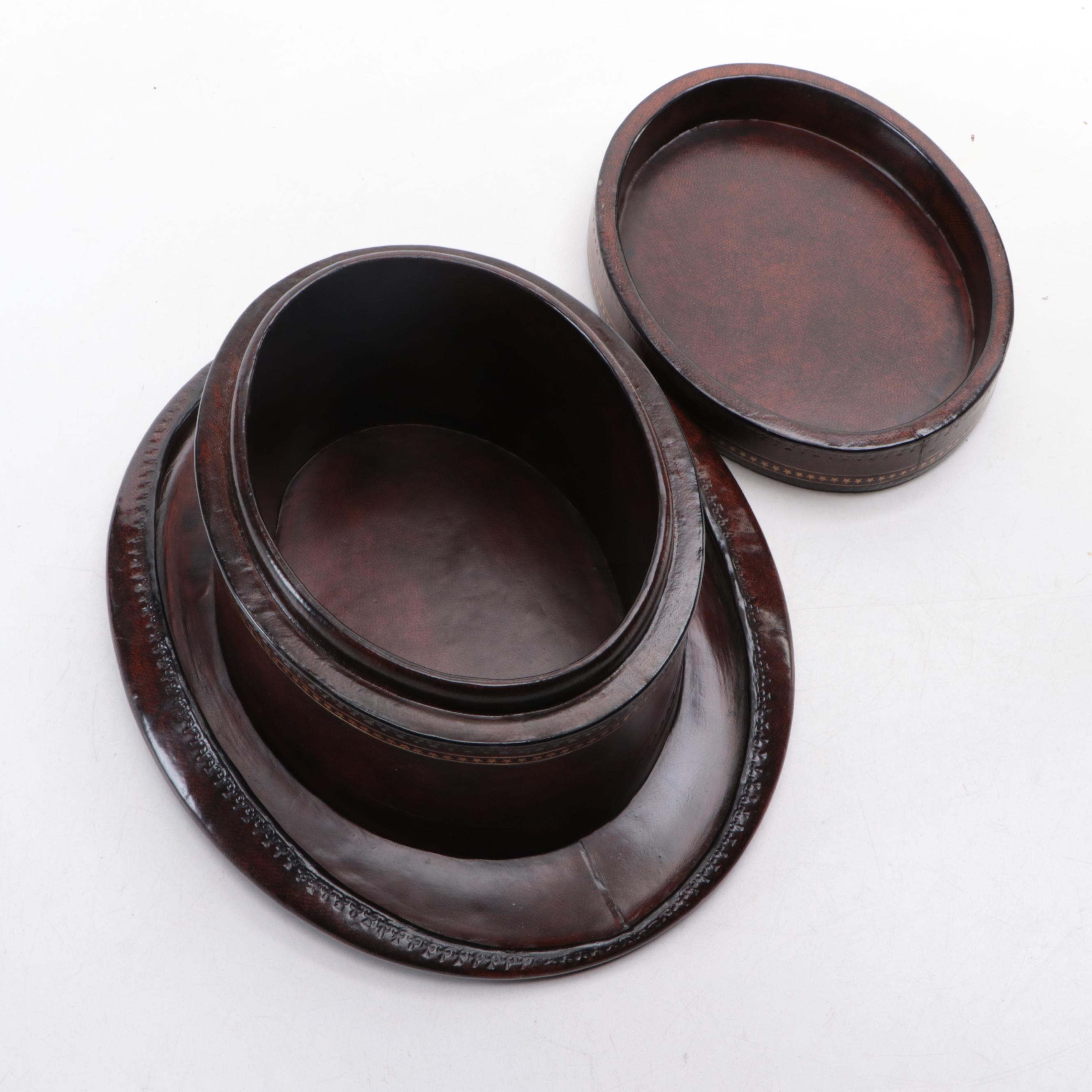 Maitland-Smith Tooled Leather-Covered Top-Hat-Shaped Box