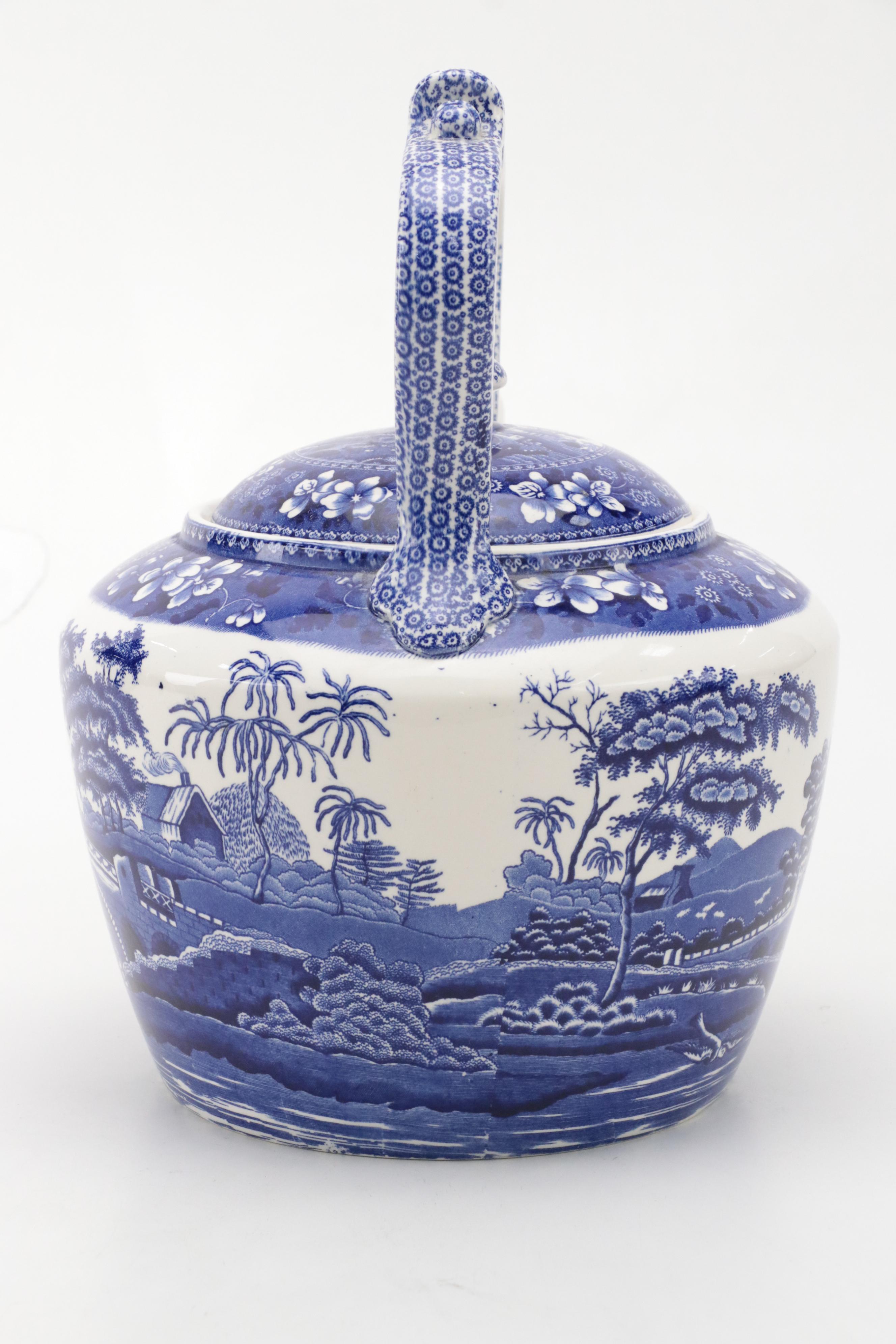 Copeland "Spode's Tower" Blue Transferware Kettle, Late 19th/ Early 20th Century