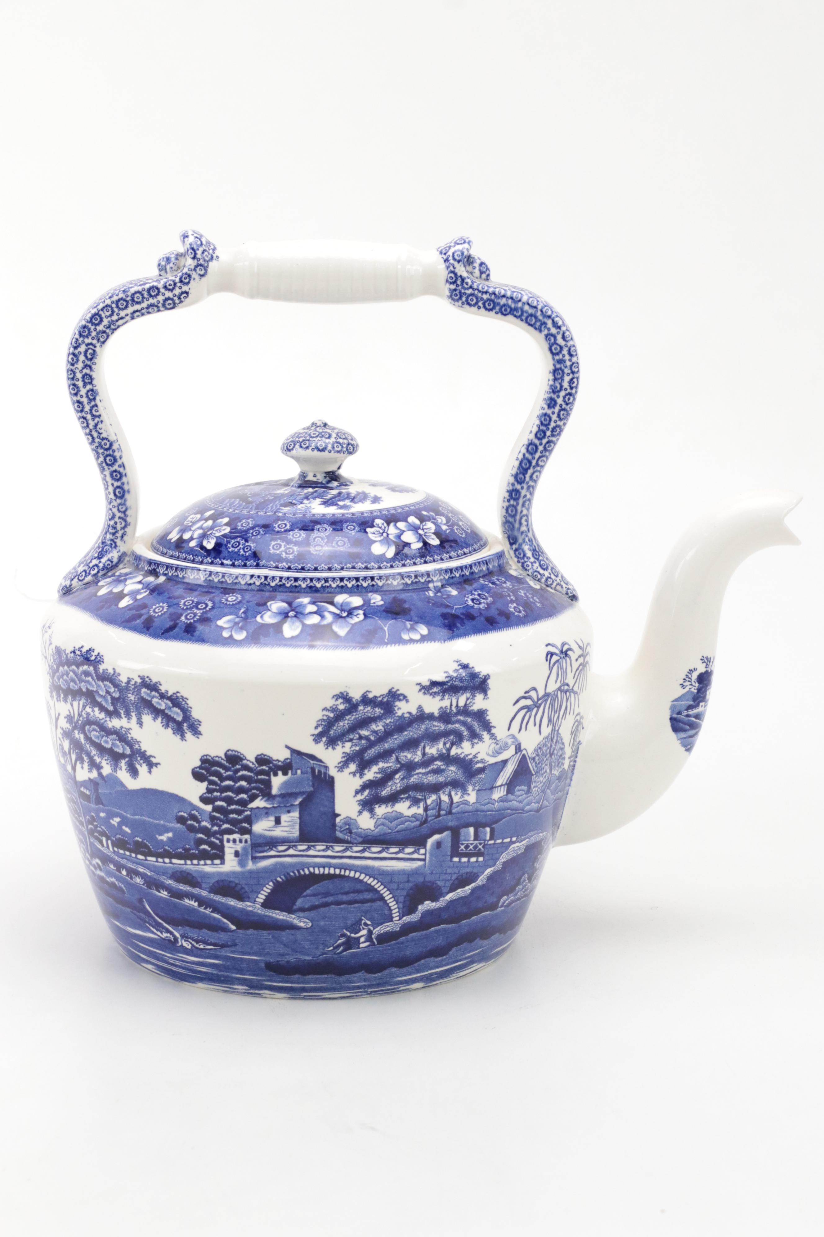 Copeland "Spode's Tower" Blue Transferware Kettle, Late 19th/ Early 20th Century