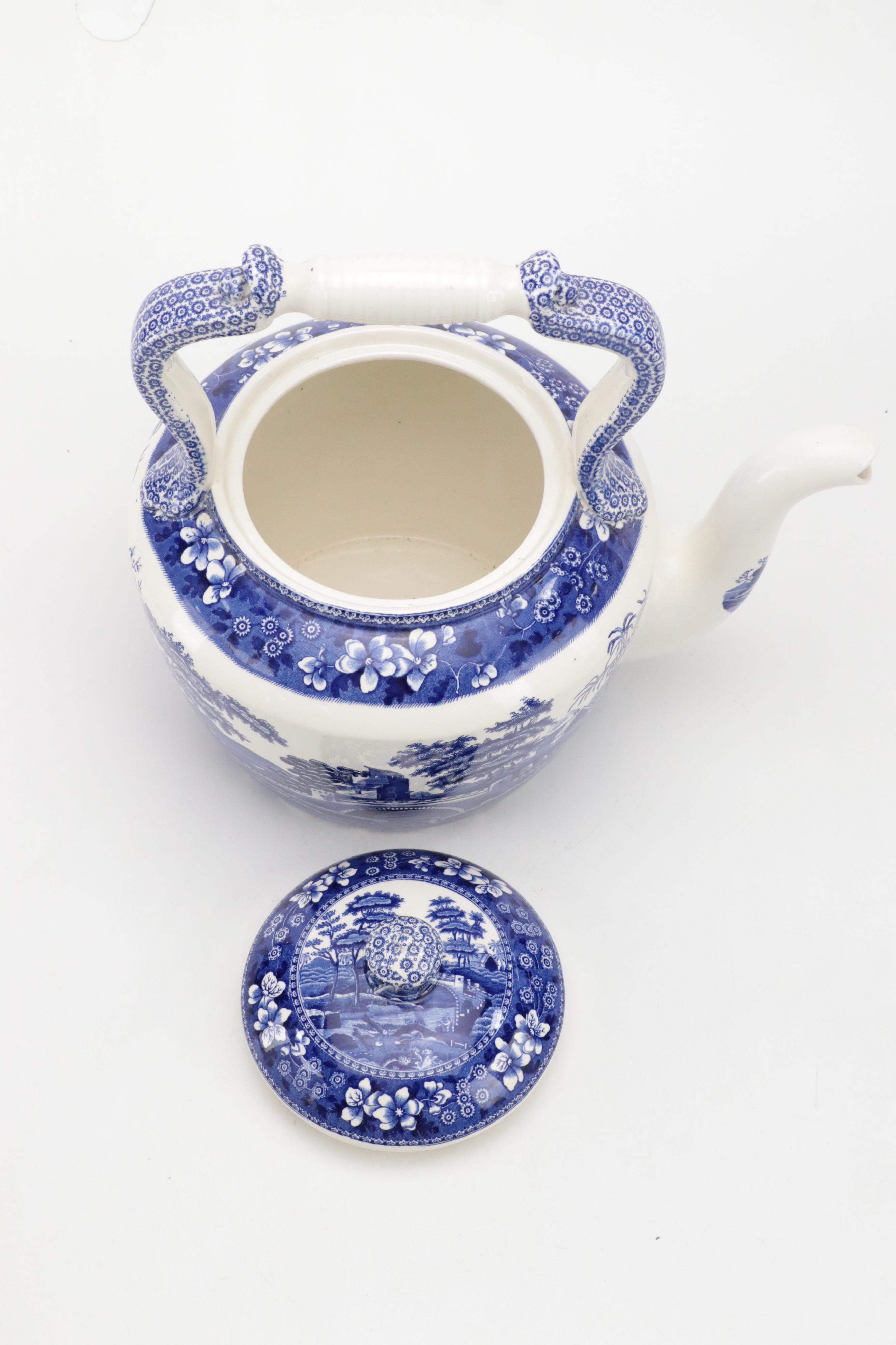 Copeland "Spode's Tower" Blue Transferware Kettle, Late 19th/ Early 20th Century