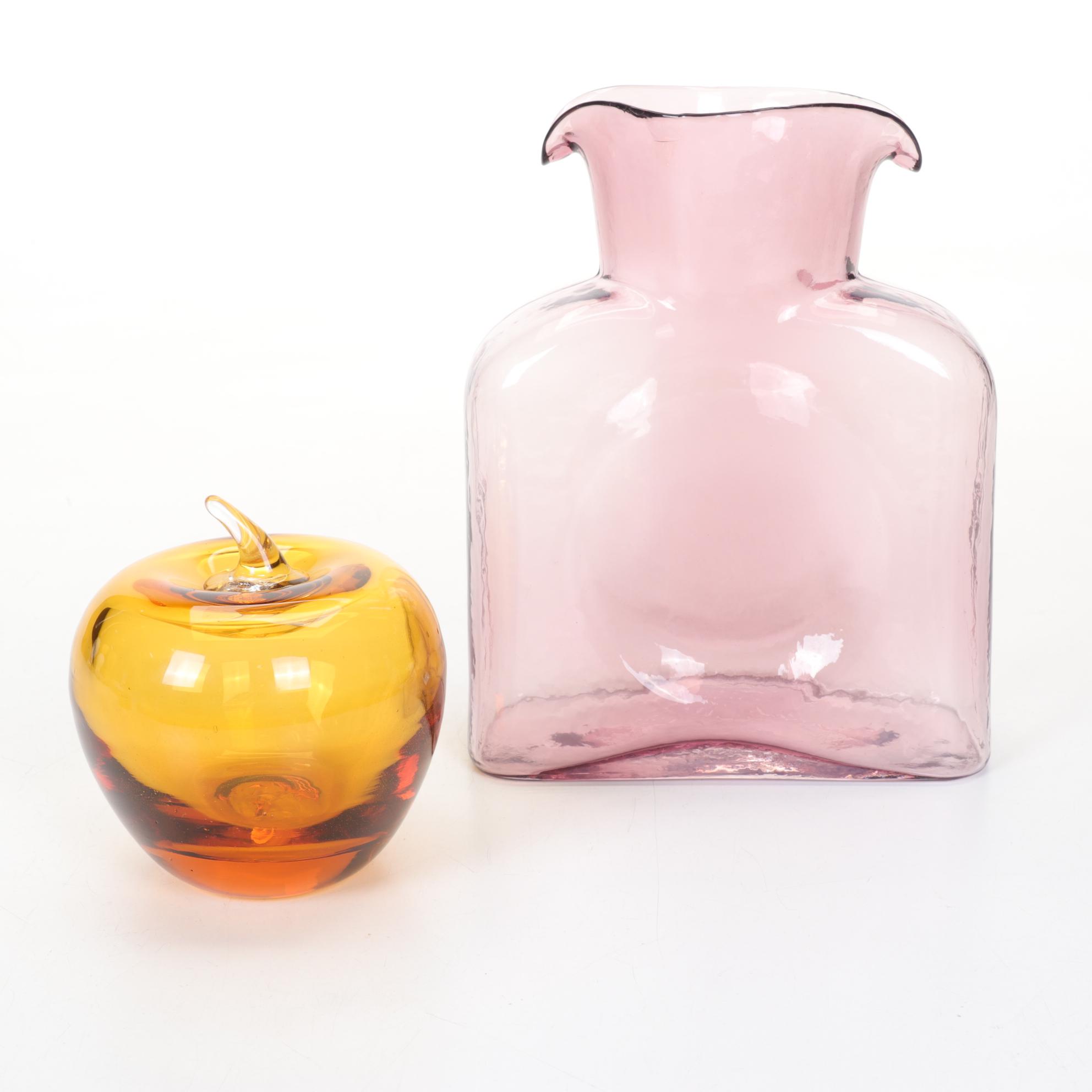Blenko Double Spout Blown Glass Water Pitcher and Amber Glass Apple Paperweight