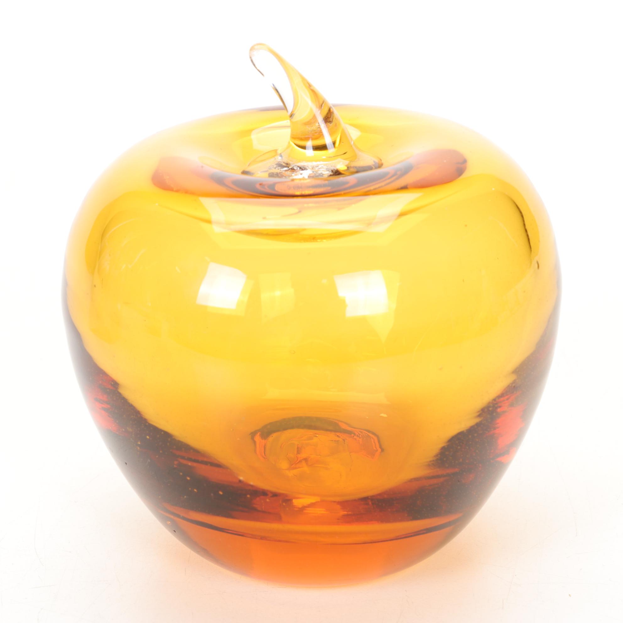 Blenko Double Spout Blown Glass Water Pitcher and Amber Glass Apple Paperweight