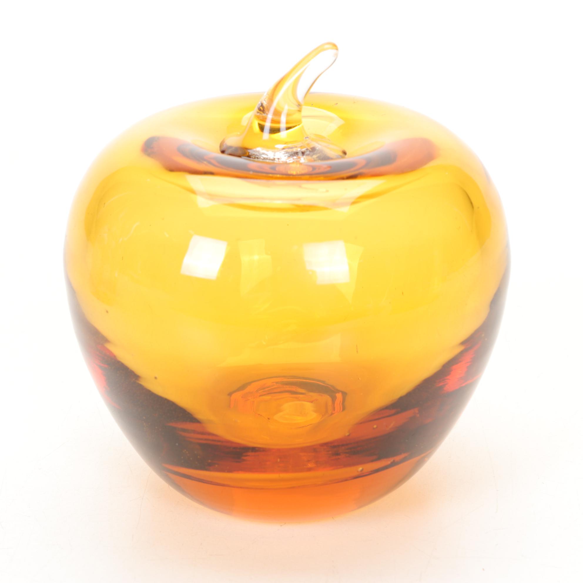 Blenko Double Spout Blown Glass Water Pitcher and Amber Glass Apple Paperweight