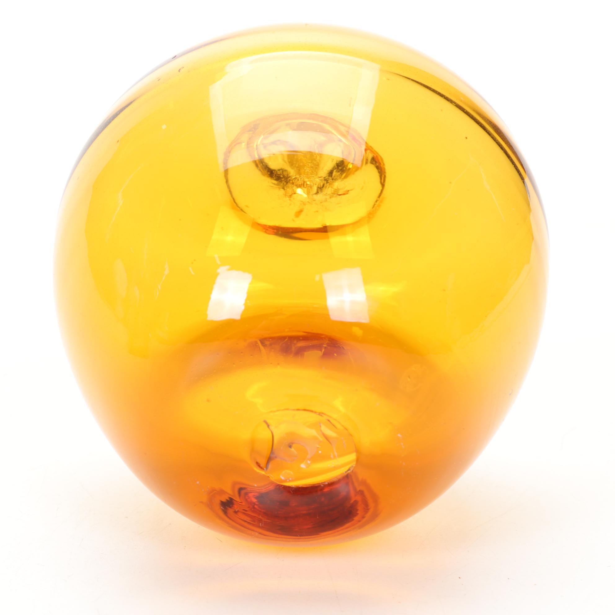 Blenko Double Spout Blown Glass Water Pitcher and Amber Glass Apple Paperweight