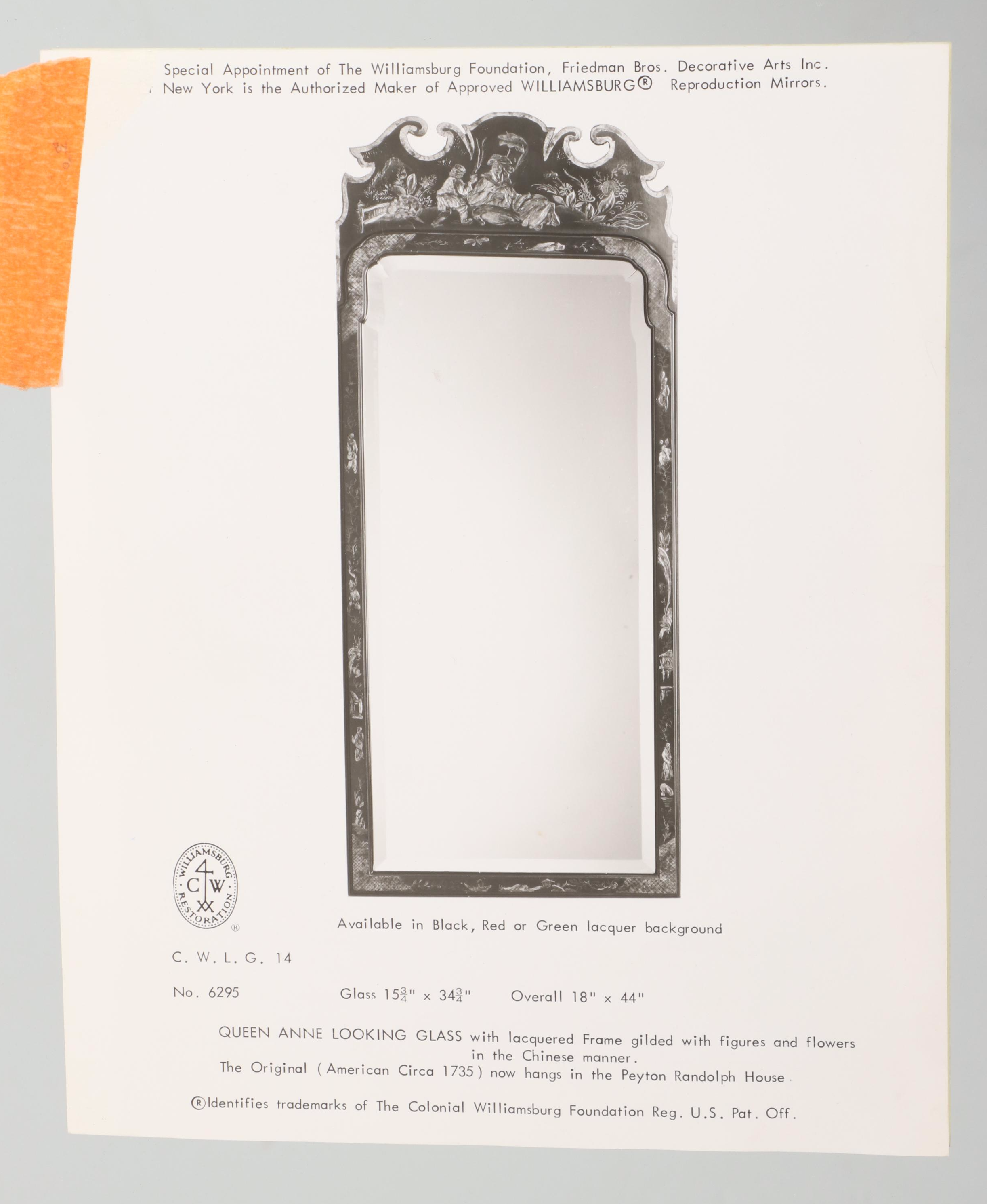 Friedman Brothers "Williamsburg Restoration" Queen Anne Style Chinoiserie Mirror