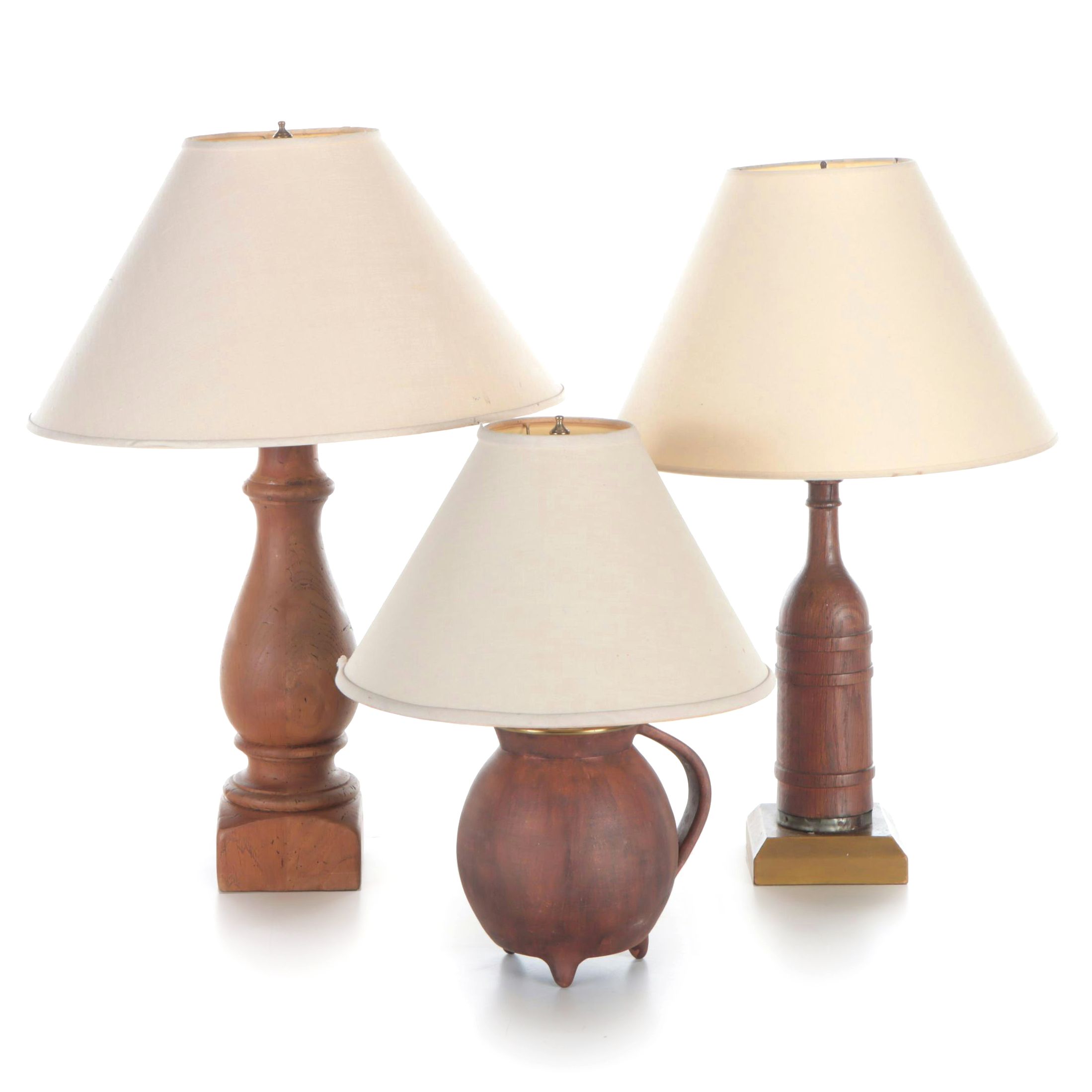 Antique Carved Wood Baluster, Carved Wood Bottle & Pottery Ewer Table Lamps