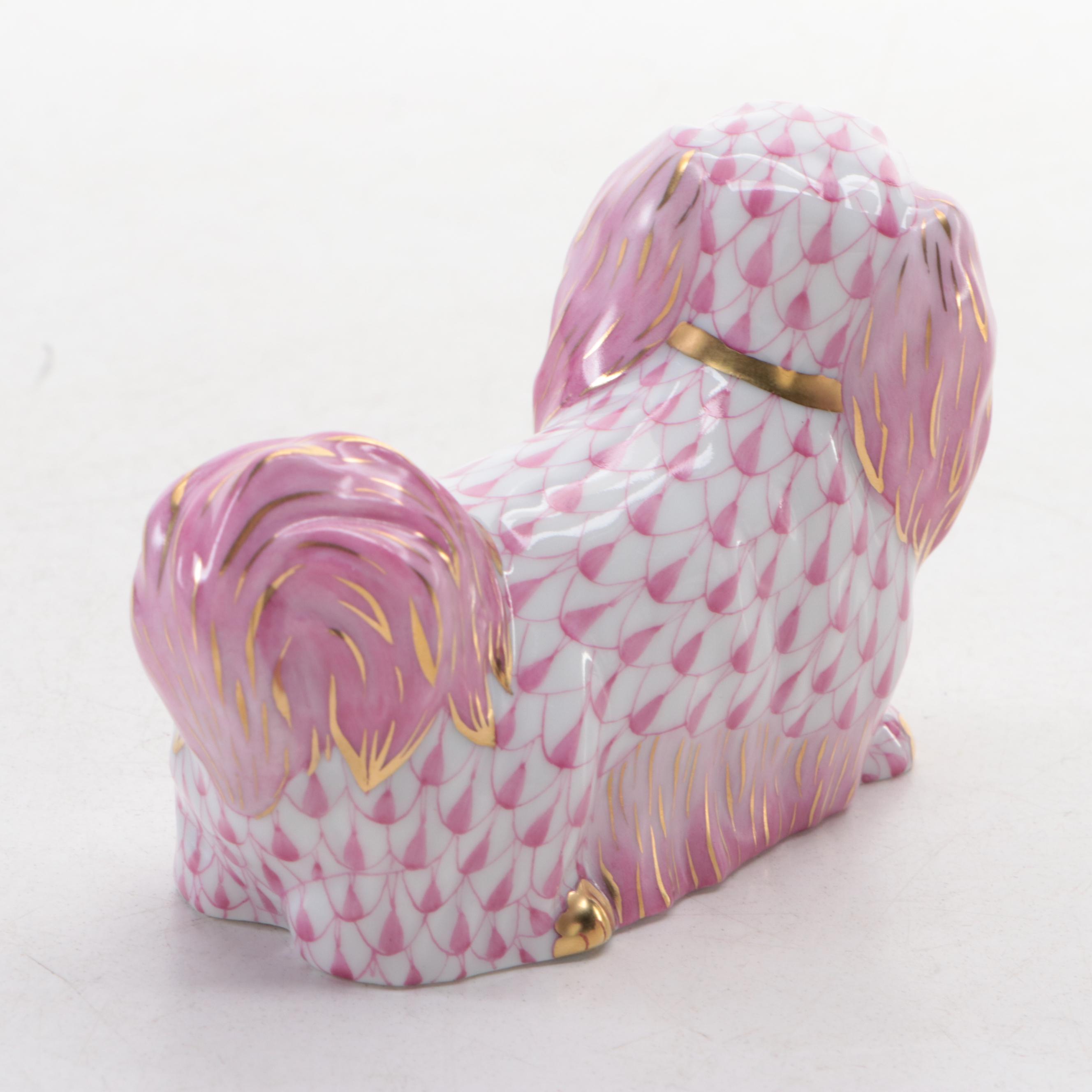 Herend Raspberry Fishnet with Gold "Pekingese" Porcelain Figurine