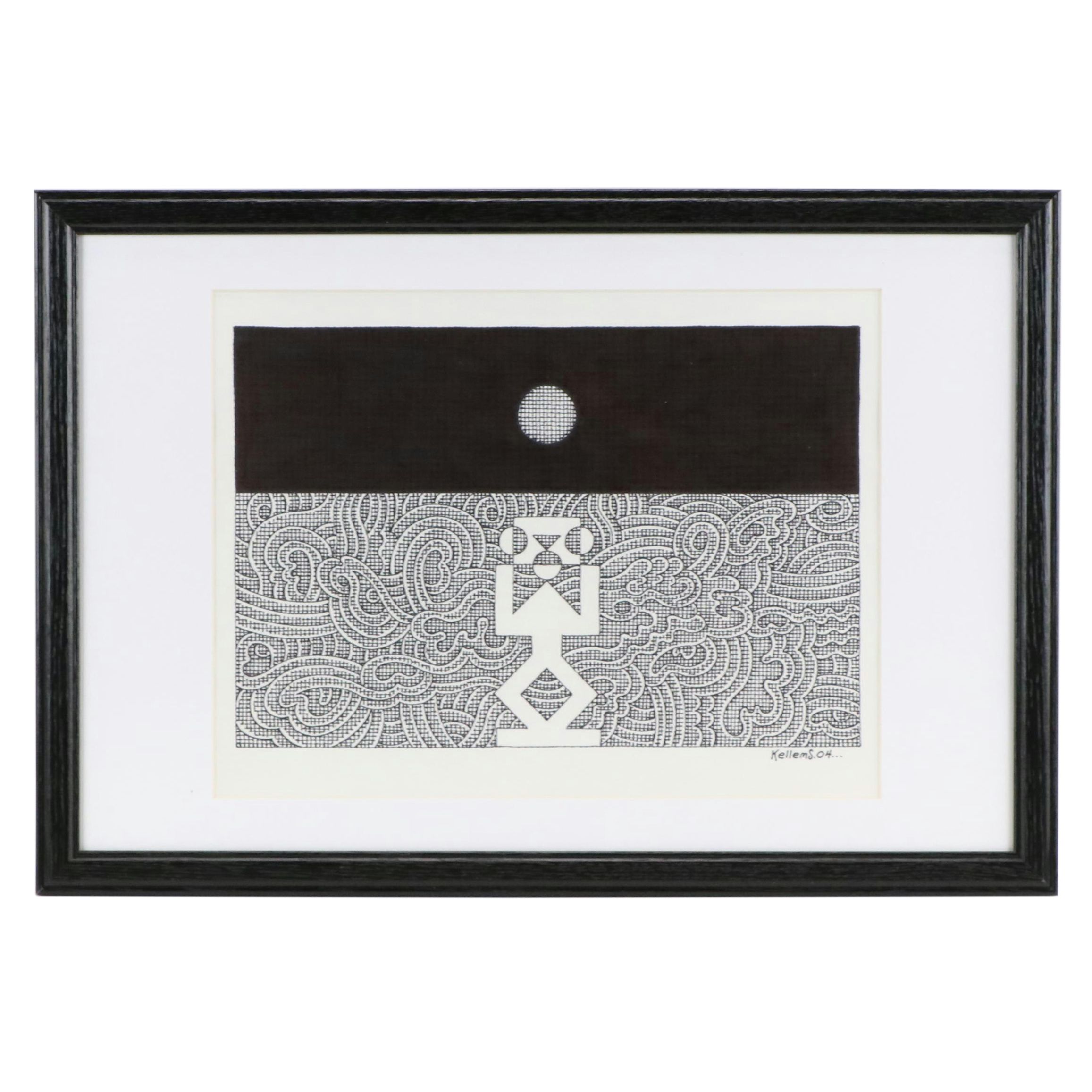 Jerry Quinton Kellems Stylized Figural Ink Drawing, 2004