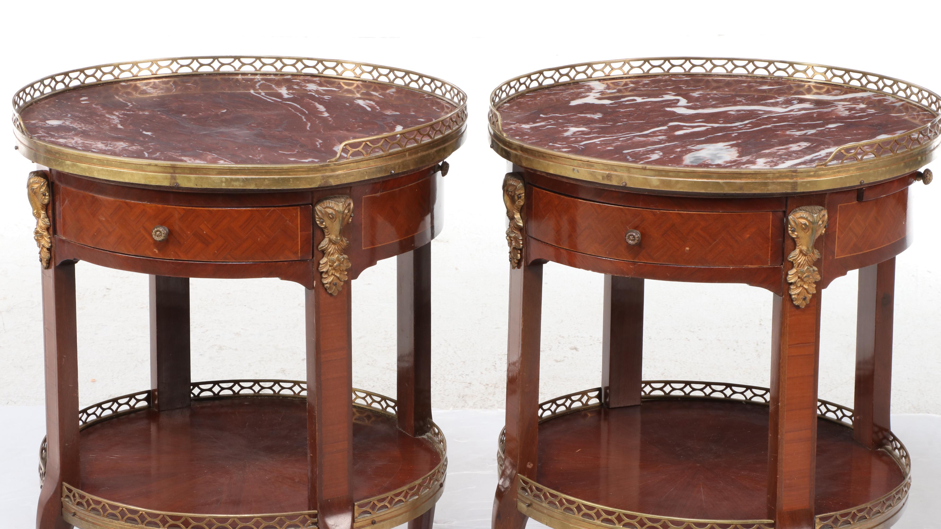Pair of Louis XV Style Gilt Brass, Kingwood, Parquetry, and Marble Top Guéridons