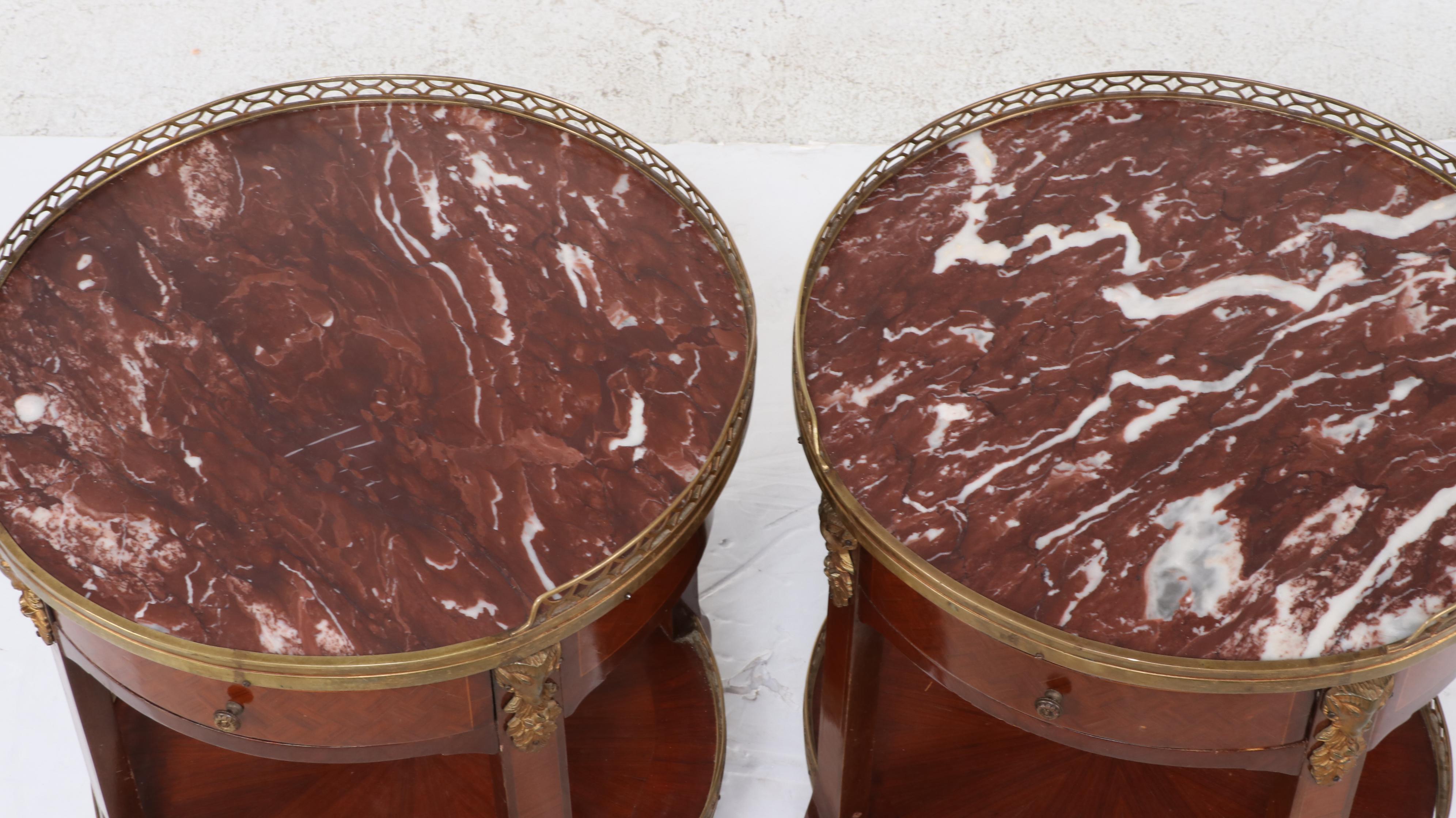 Pair of Louis XV Style Gilt Brass, Kingwood, Parquetry, and Marble Top Guéridons