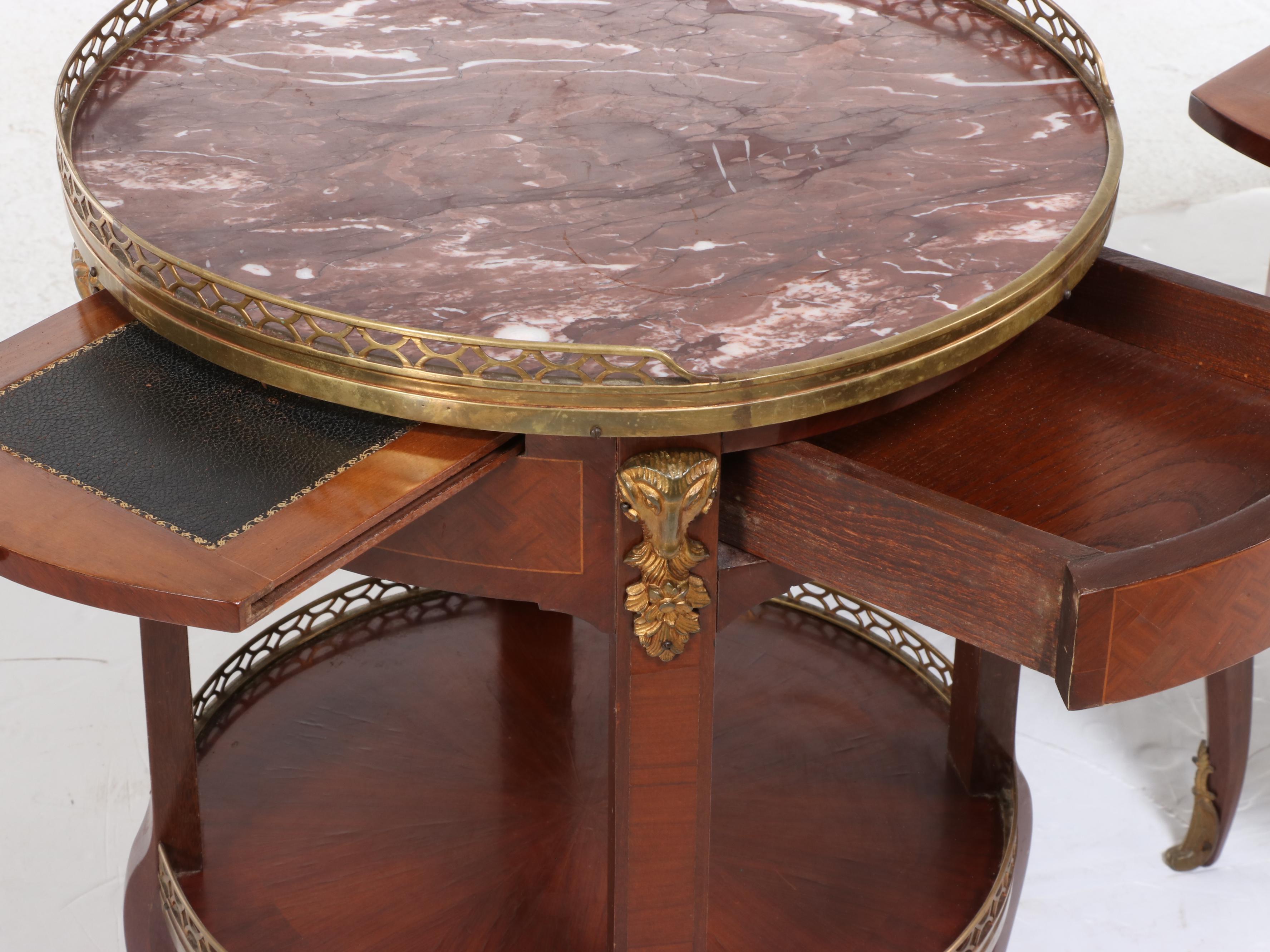 Pair of Louis XV Style Gilt Brass, Kingwood, Parquetry, and Marble Top Guéridons