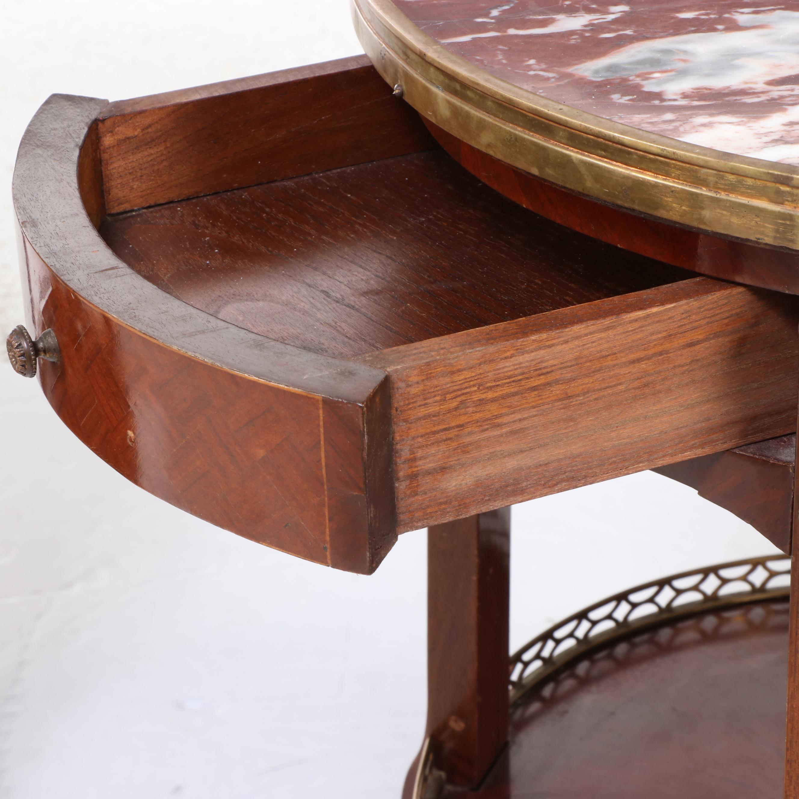 Pair of Louis XV Style Gilt Brass, Kingwood, Parquetry, and Marble Top Guéridons