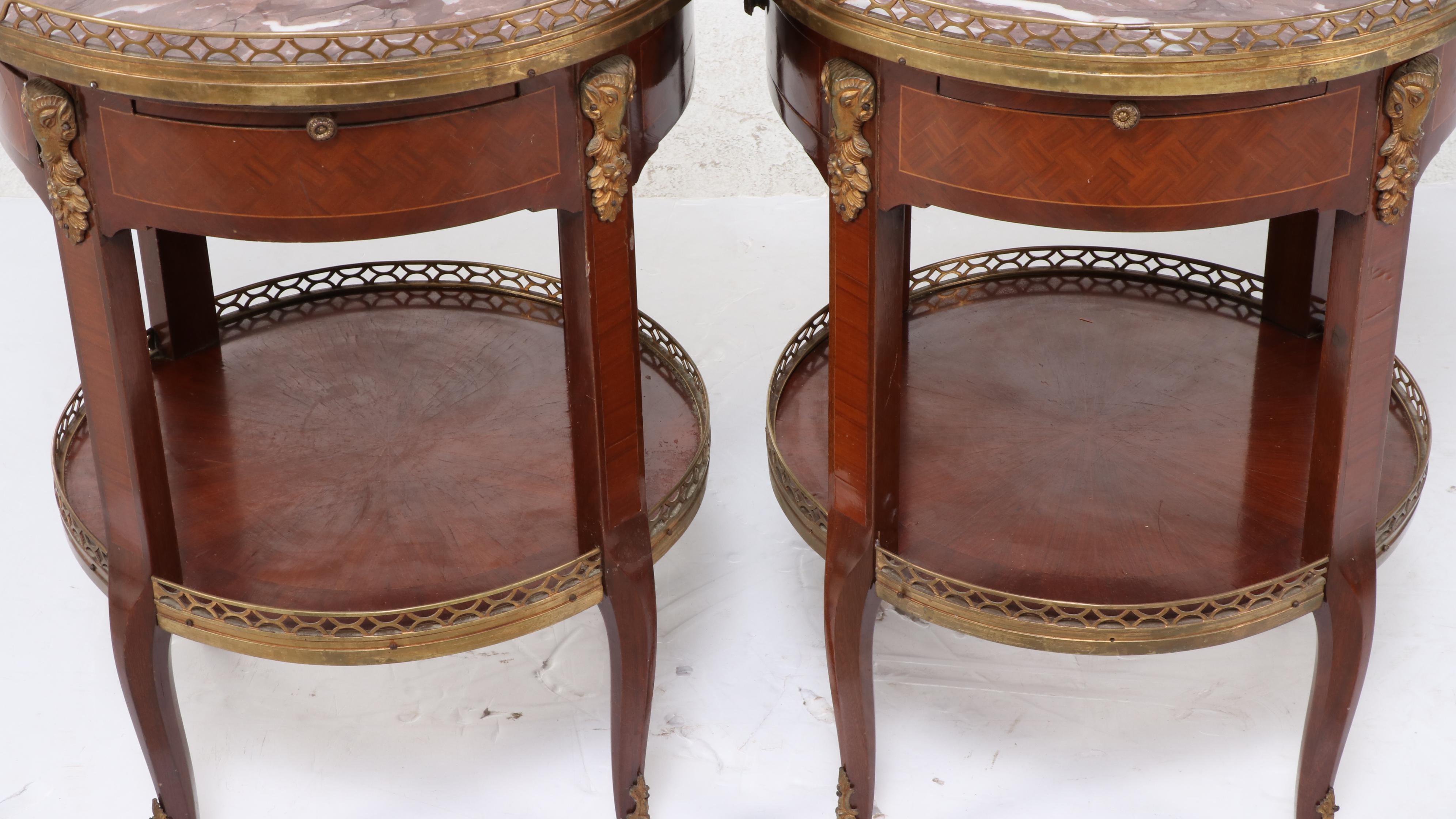 Pair of Louis XV Style Gilt Brass, Kingwood, Parquetry, and Marble Top Guéridons