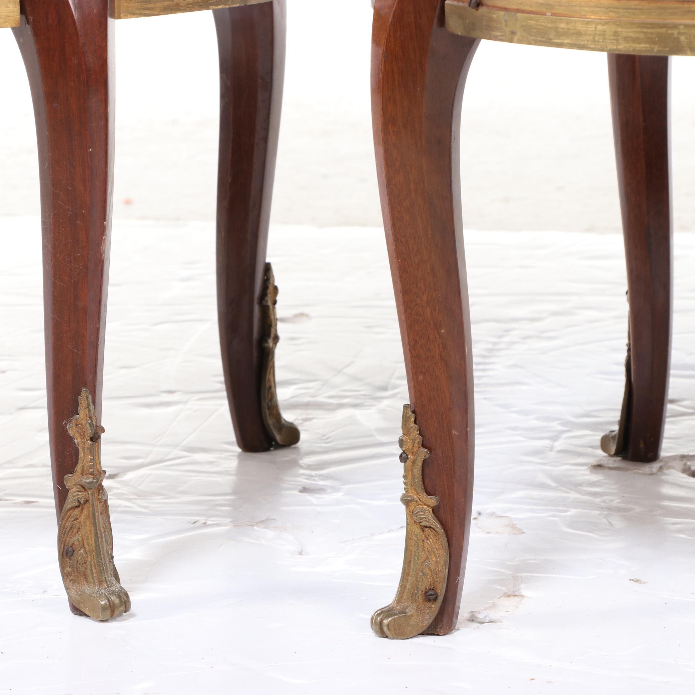 Pair of Louis XV Style Gilt Brass, Kingwood, Parquetry, and Marble Top Guéridons