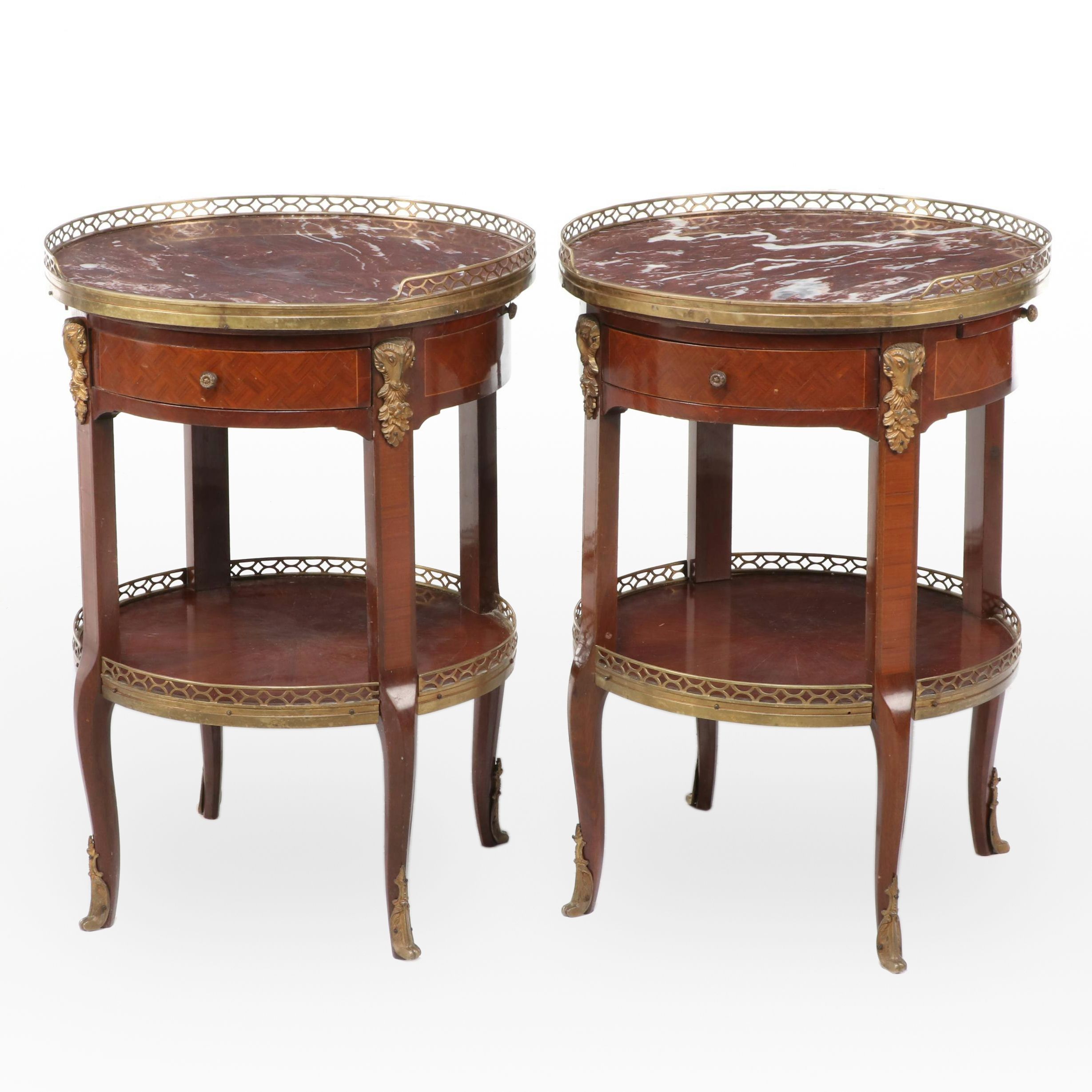 Pair of Louis XV Style Gilt Brass, Kingwood, Parquetry, and Marble Top Guéridons
