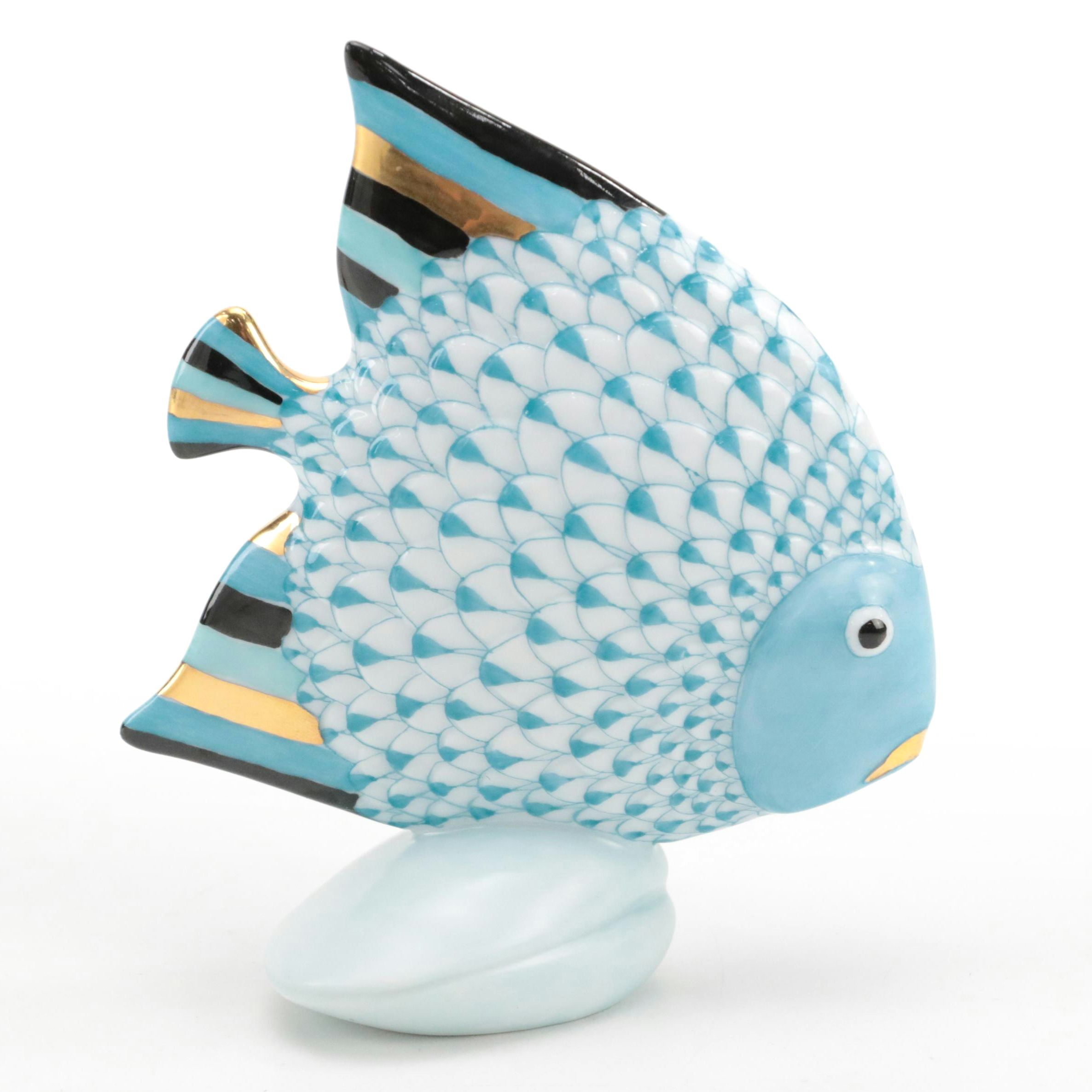Herend Turquoise Fishnet with Gold "Fish on Shell" Porcelain Figurine