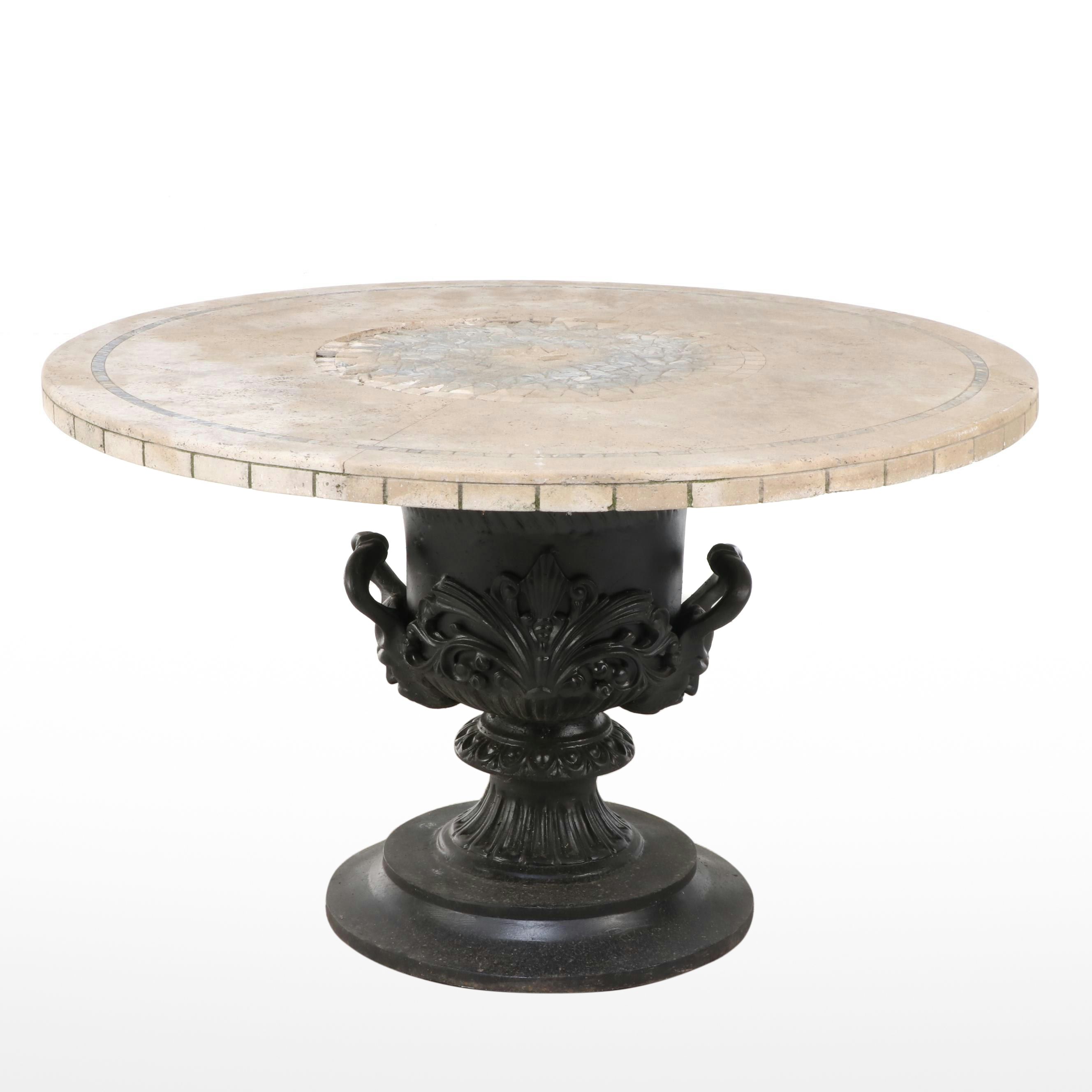 Neoclassical Style Cast Metal Urn Base Table with Mosaic Stone Top