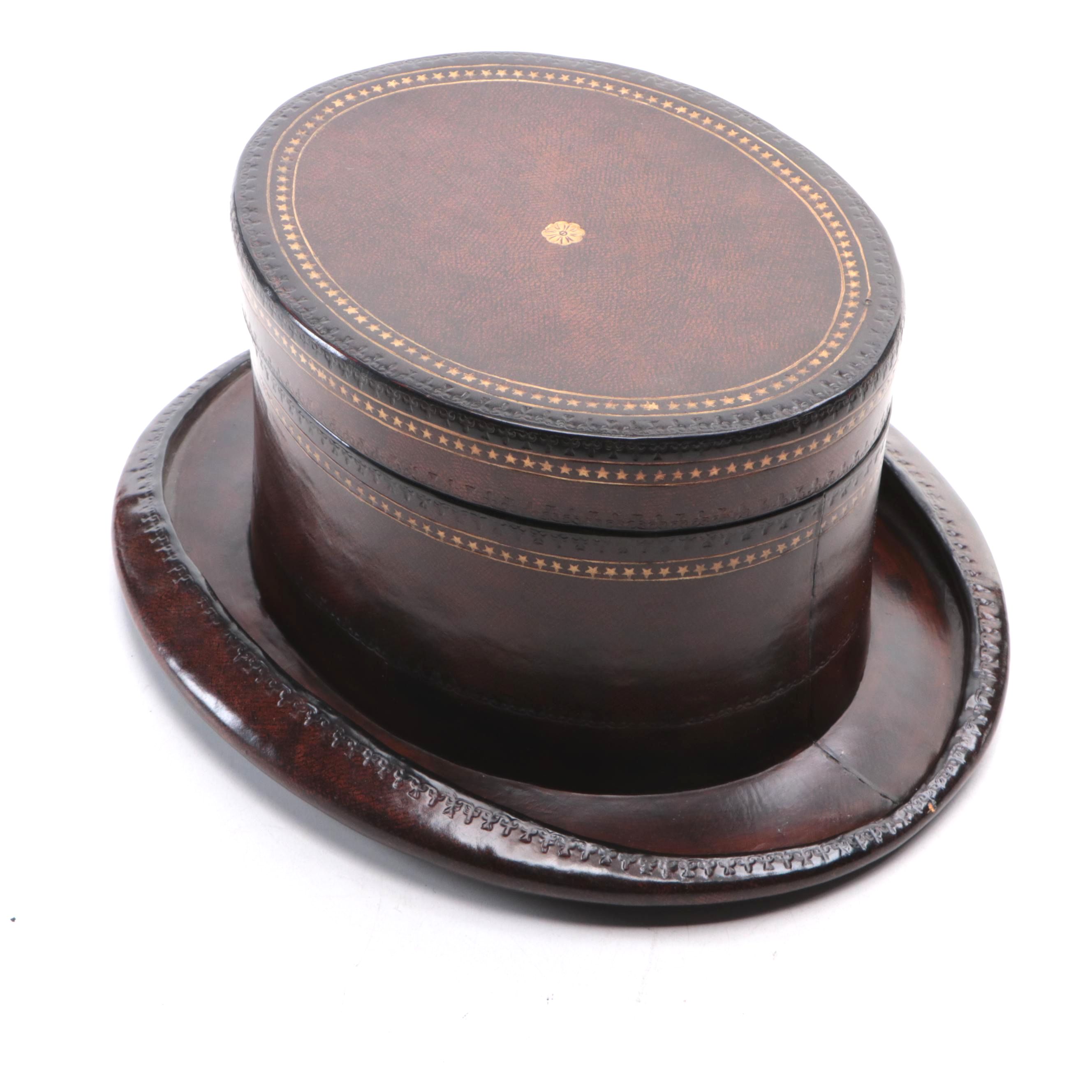 Maitland-Smith Tooled Leather-Covered Top-Hat-Shaped Box