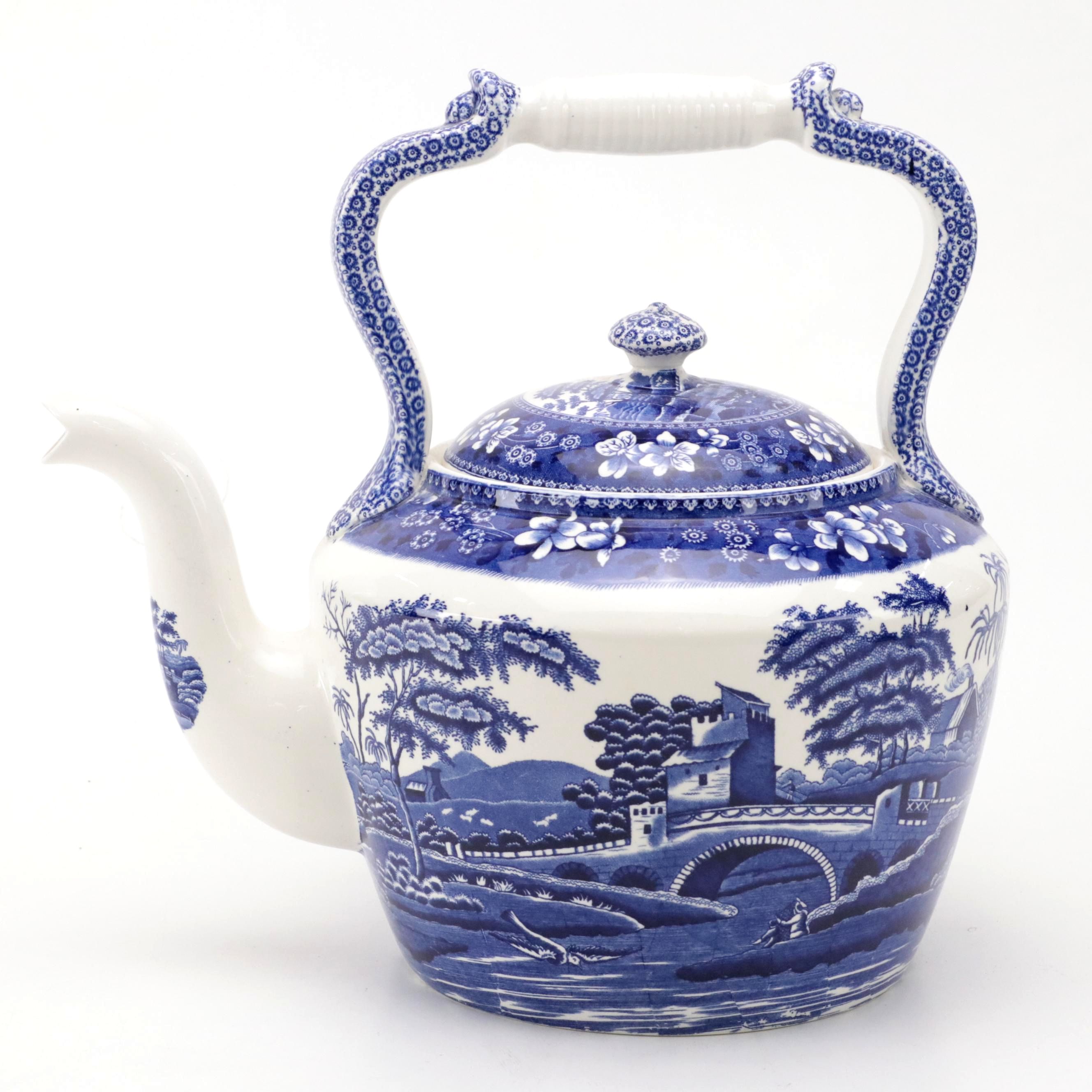 Copeland "Spode's Tower" Blue Transferware Kettle, Late 19th/ Early 20th Century