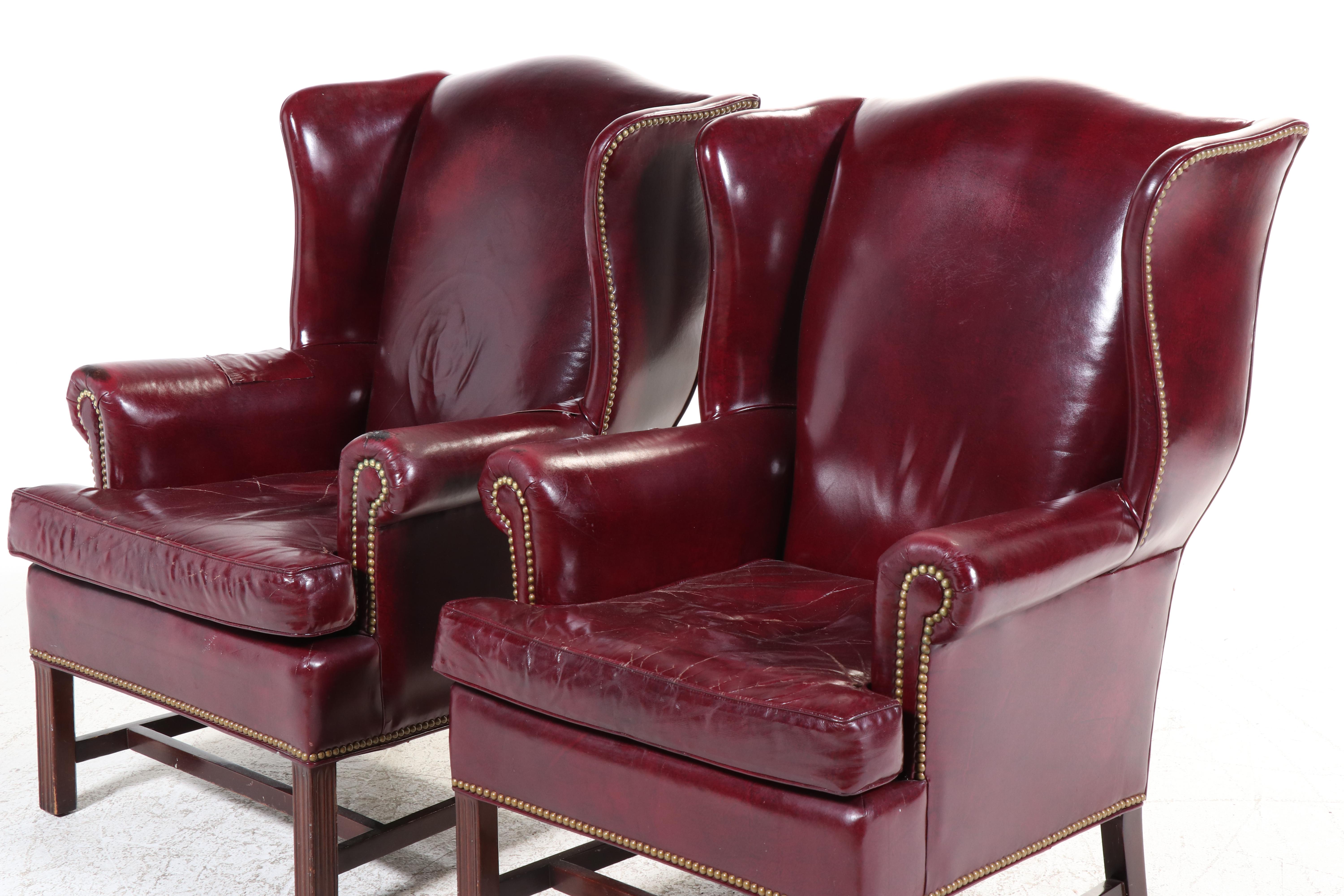 Two Hancock & Moore Chippendale Style Mahogany and Burgundy Leather Wing Chairs