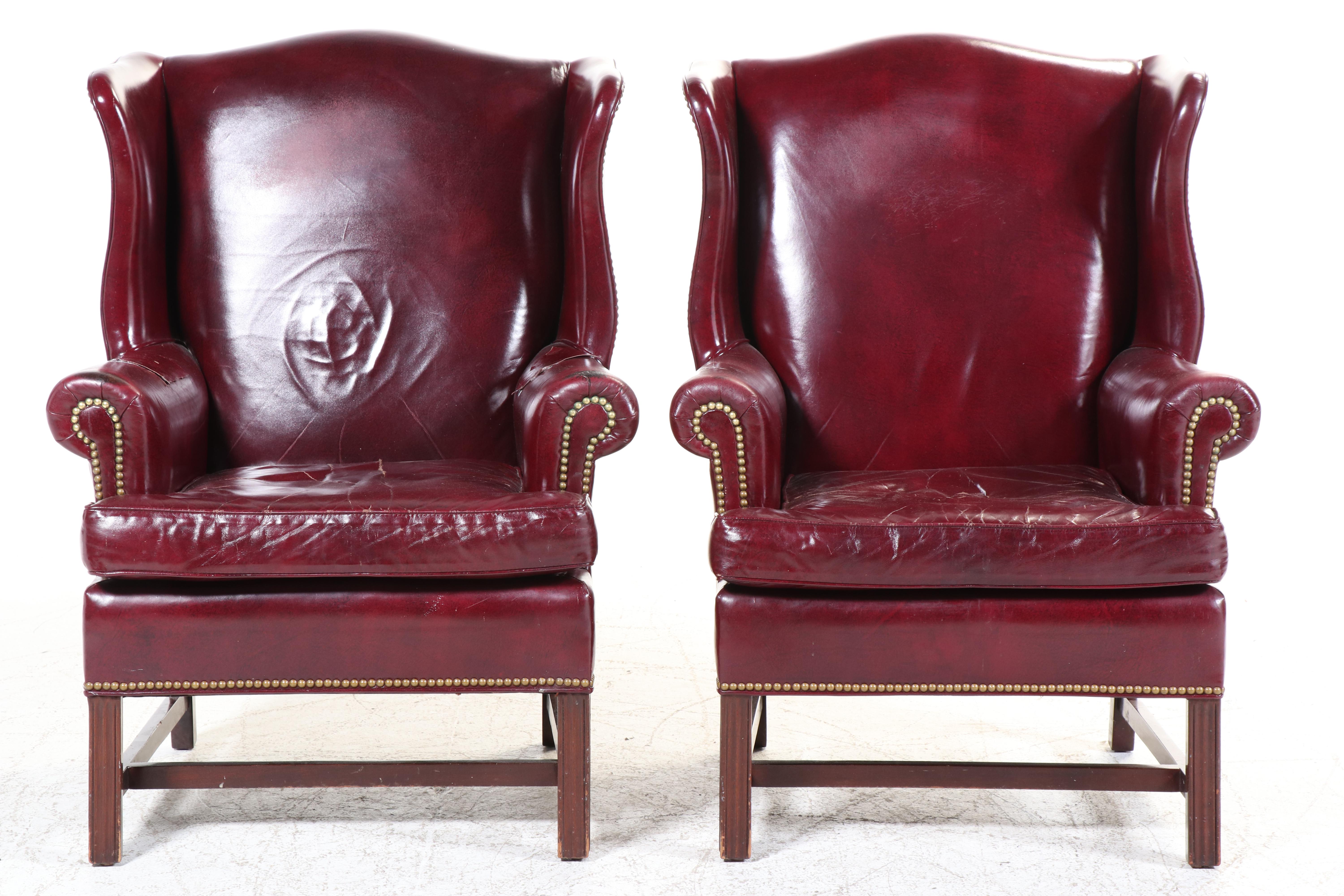 Two Hancock & Moore Chippendale Style Mahogany and Burgundy Leather Wing Chairs
