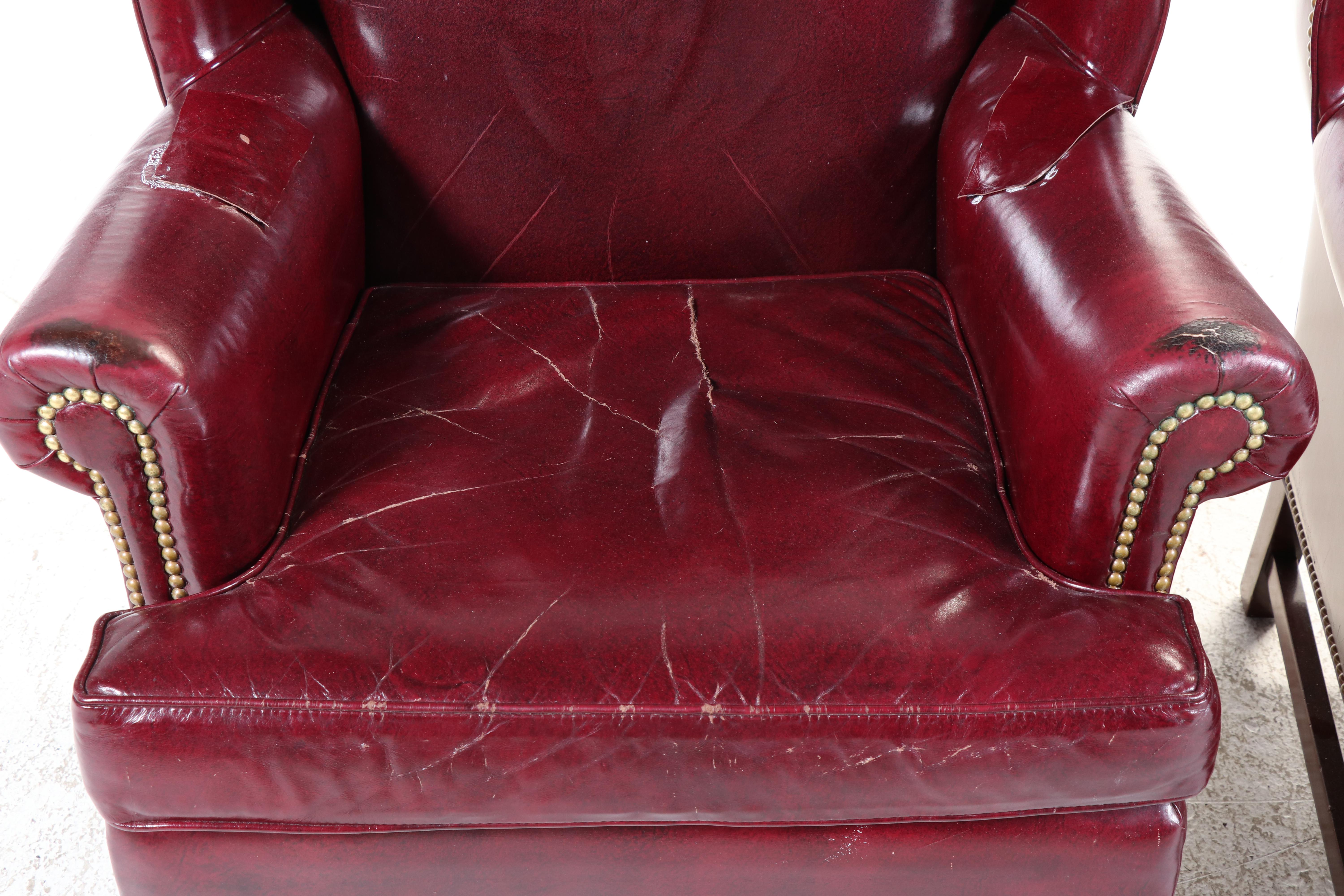 Two Hancock & Moore Chippendale Style Mahogany and Burgundy Leather Wing Chairs