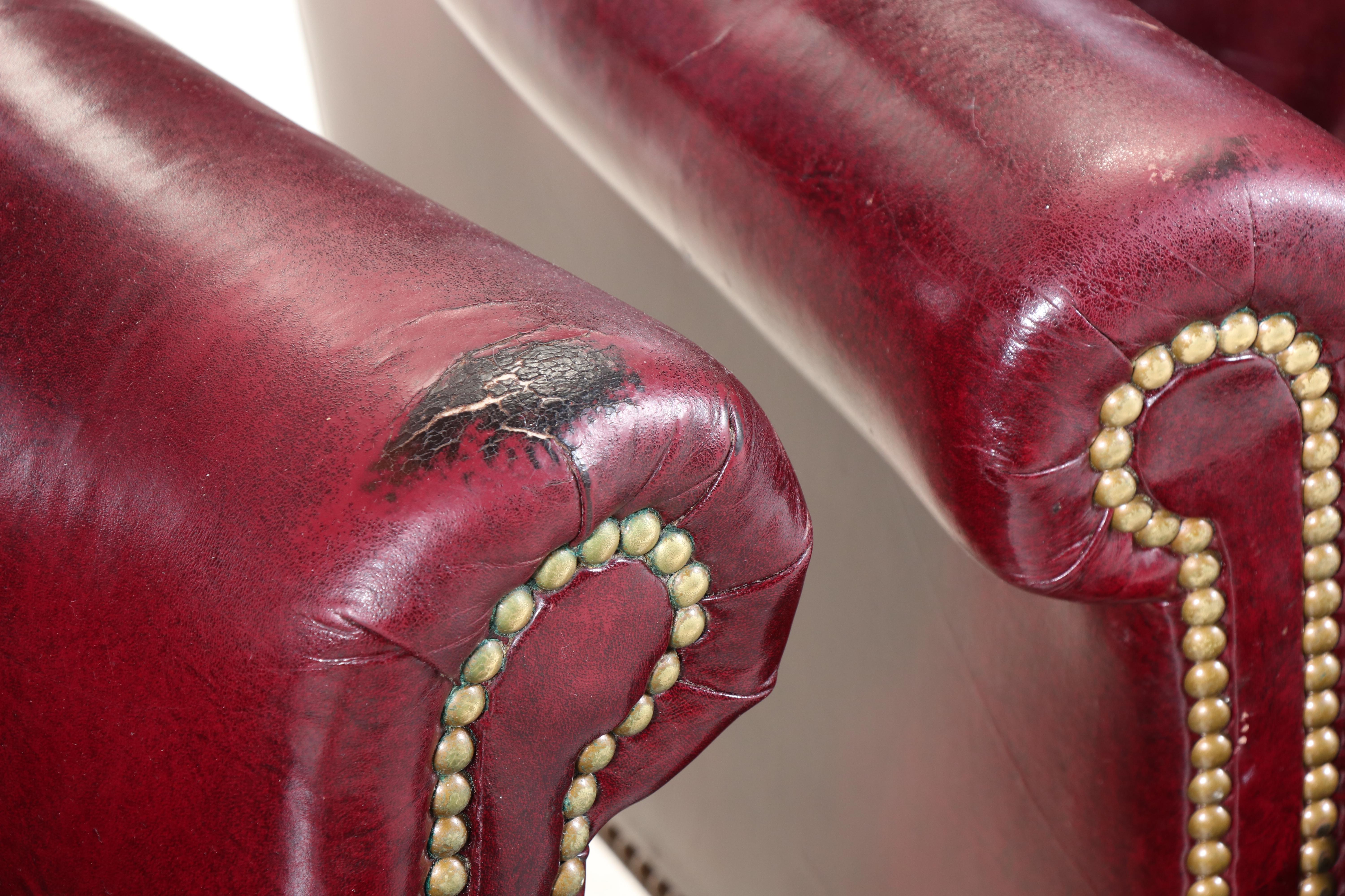 Two Hancock & Moore Chippendale Style Mahogany and Burgundy Leather Wing Chairs