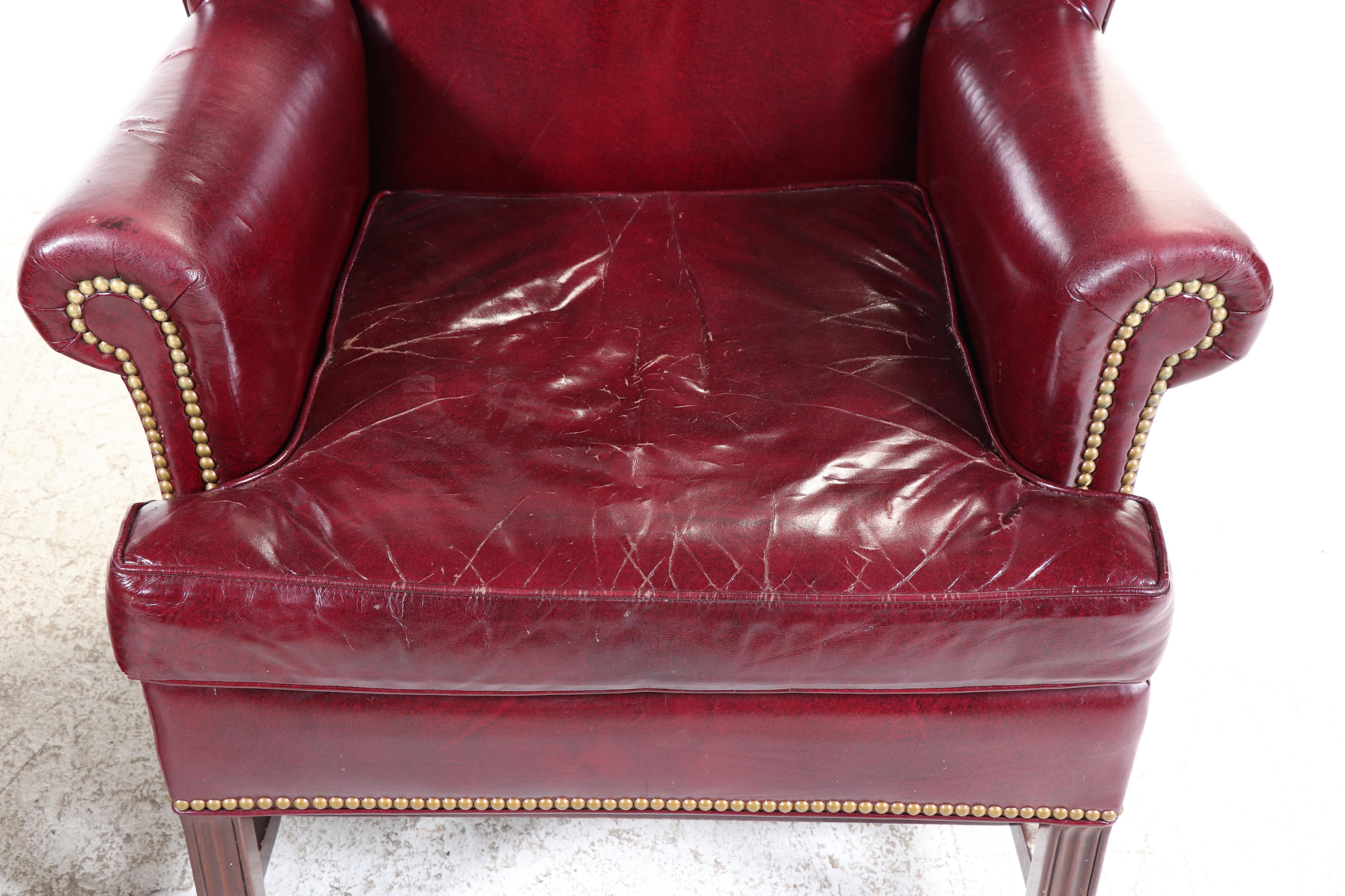 Two Hancock & Moore Chippendale Style Mahogany and Burgundy Leather Wing Chairs